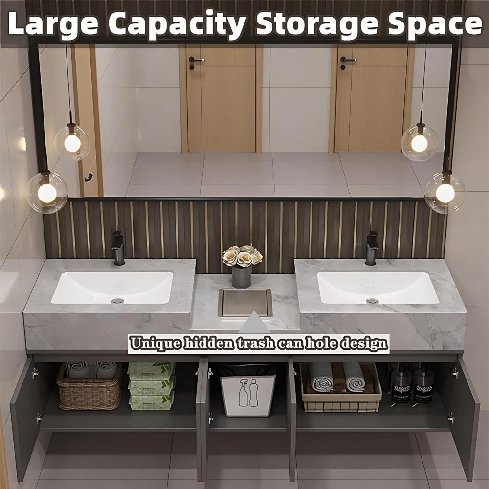 Bathroom Vanity with Sink - Modern Double Sink Bathroom Vanity Cabinet & LED Smart Defogger Mirror Set, Wall Mounted Floating Vanity with Faucet and Drain Pipe (Grey, 88")