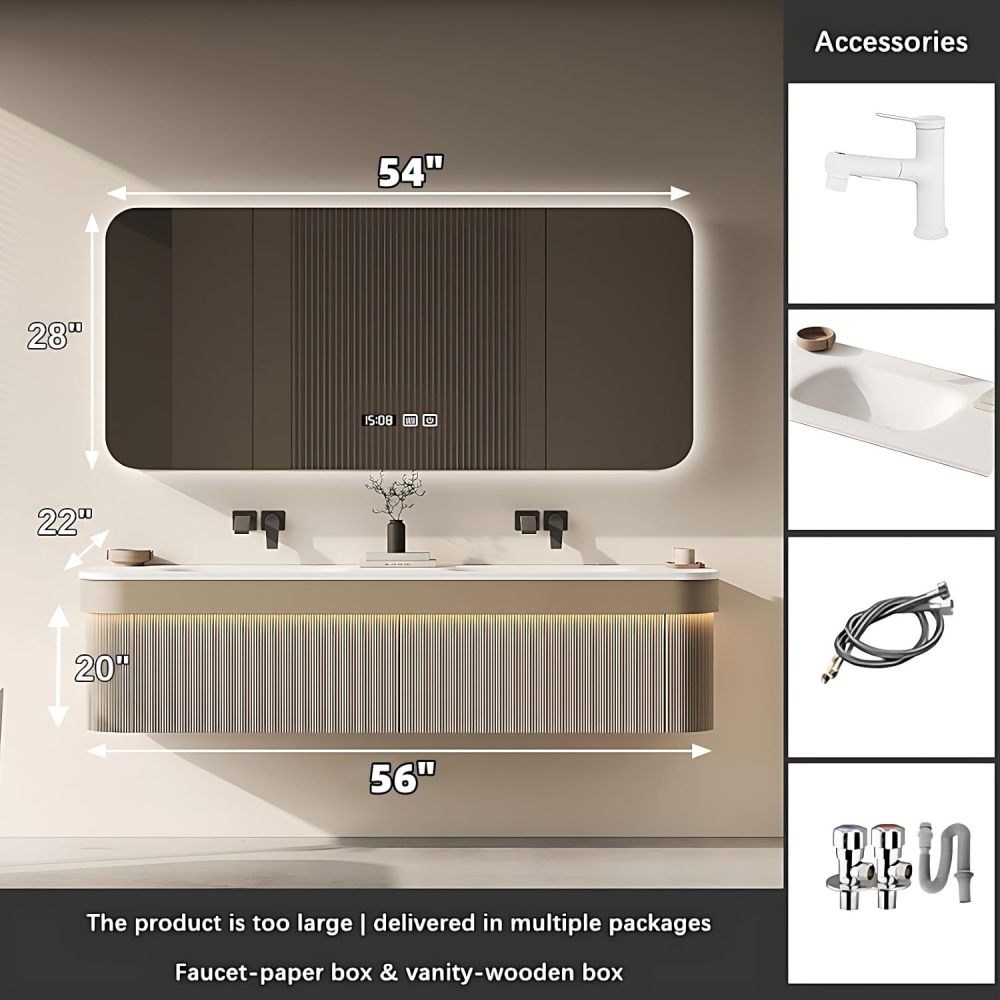 Bathroom Vanity with Sink - Modern Double Sink Bathroom Vanity & LED Anti-Fog Mirror Cabinet, Ample Storage Solutions, Floating Vanity with Faucet Accessories (56")
