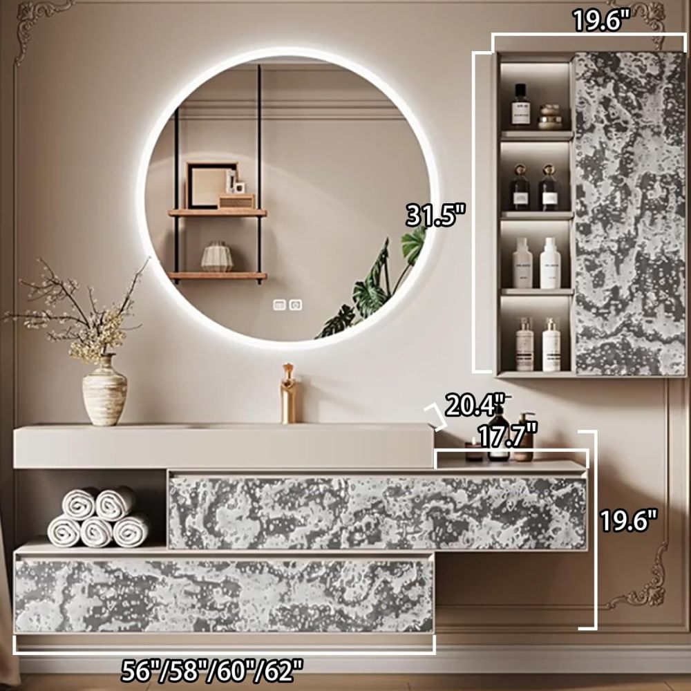 62IN Bathroom Vanity with Sink - Luxury Bathroom Sink Cabinet with Drawers, Smart Defog Mirror, Multi-Layer Solid Wood, Custom Complete Accessories, Round Mirror
