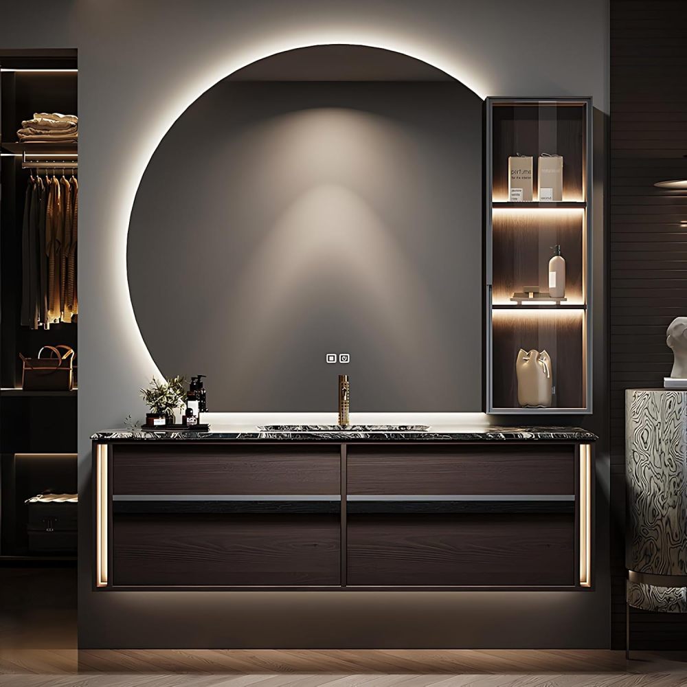 Bathroom Vanity with Sink - Single Sink Bathroom Vanity Cabinet & Smart defog Mirror Set, Floating Vanity Large Storage Drawers (Brown, 76")