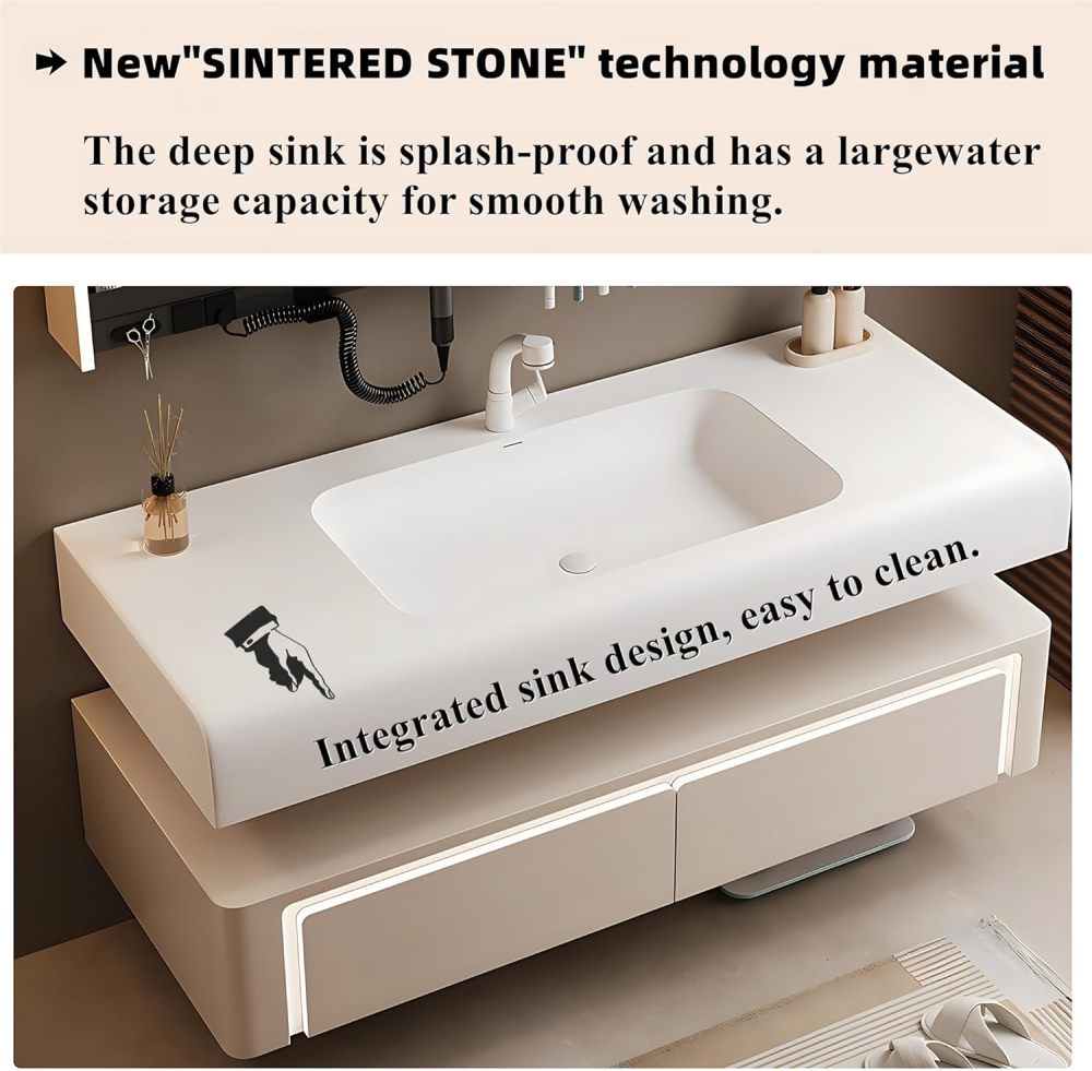 Modern Bathroom Vanity with Sink - LED Intelligent Defogging Mirror Cabinet, Multi-Functional Storage Shelf, Smart Sensor Lights, and Solid Wood Construction - Ideal Floating Vanity (68")