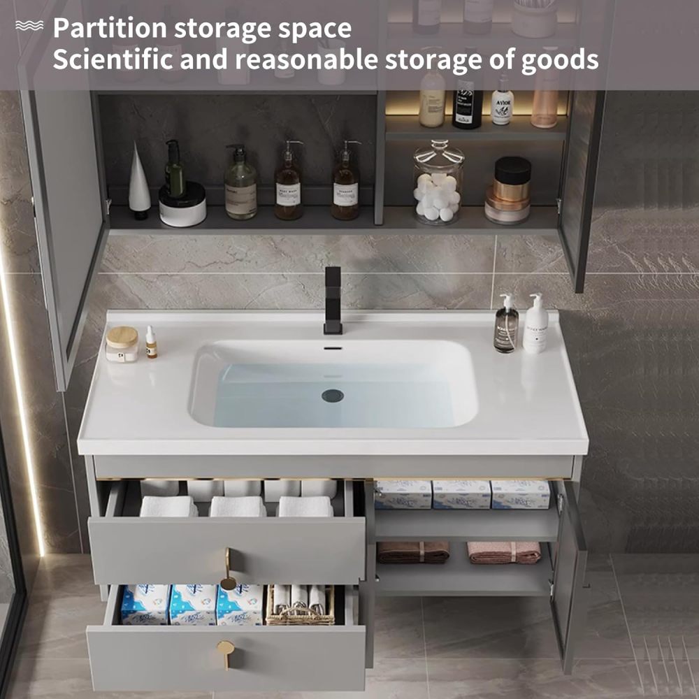 Bathroom Vanity with Sink - Modern Bathroom Sink Cabinet Set，Floating Vanity Bathroom & LED Smart Defogger Mirror Cabinet, with 2 Drawers (White, 36")