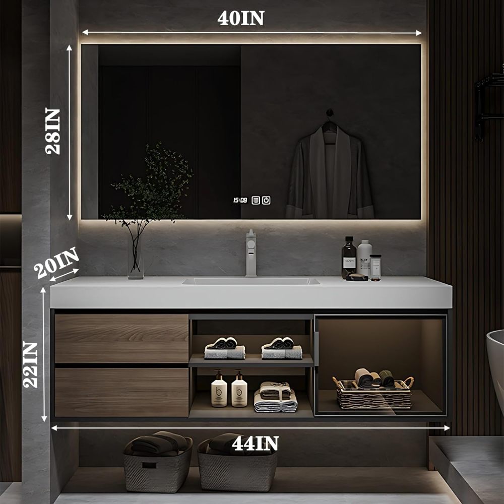 Bathroom Vanity with Sink - Modern Floating Vanity & LED Smart Defogger Mirror Set, Wall-Mounted Bathroom Sink Cabinet with Faucet and Drain Set (44")