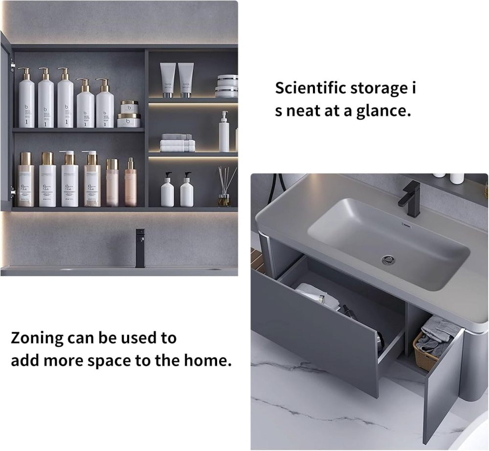 Bathroom Vanity - Modern Bathroom Vanity with Sink Set, Includes Elegant Led Smart Fog Removal Mirror Cabinet (36")