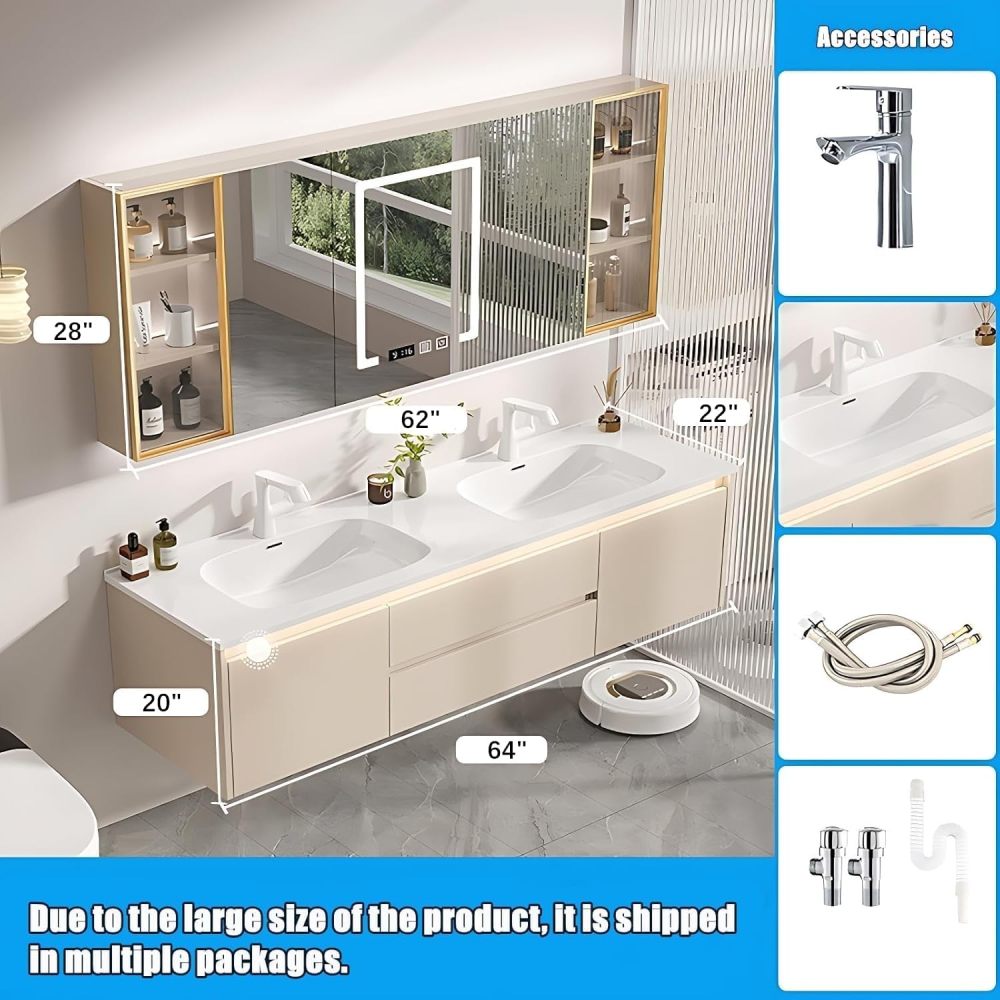 Stylish Bathroom Vanity with Sink - Double Sink Bathroom Vanity Cabinet & LED Anti-Fog Mirror Cabinet, Ample Storage in Premium Floating Vanity (64")