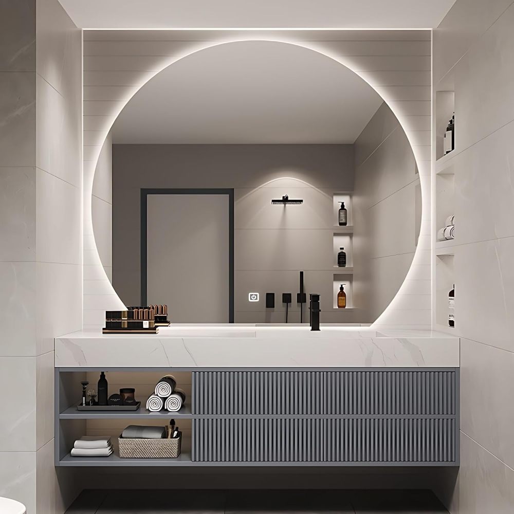 Bathroom Vanity with Sink - Floating Vanity Single Sink Bathroom Vanity Cabinet with LED Anti-Fog Mirror, Solid Wood Frame, Sintered Stone Top, Storage, Faucet and Hardware (Grey, 84")