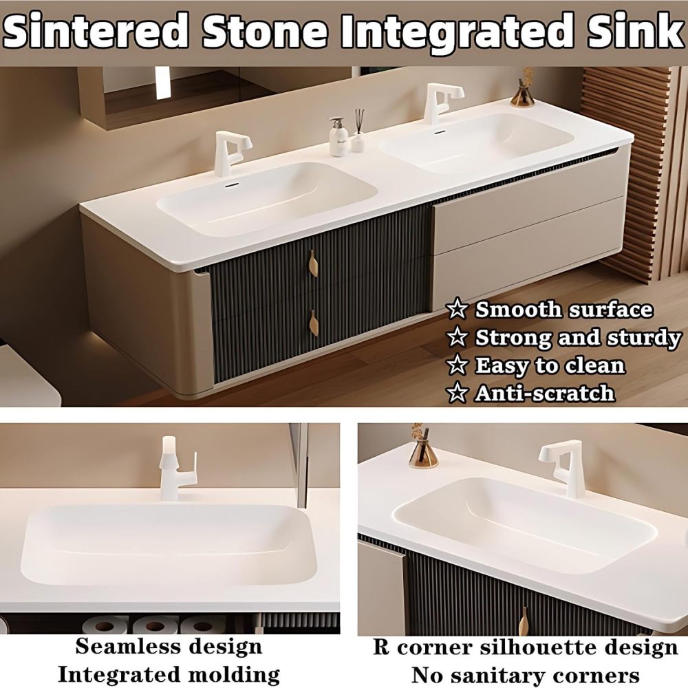 Bathroom Vanity with Sink - Single/Double Sink Bathroom Vanity Cabinet & Smart Defogger Mirror Cabinet Set, Wall-Mounted Floating Vanity (Double Sink 80")