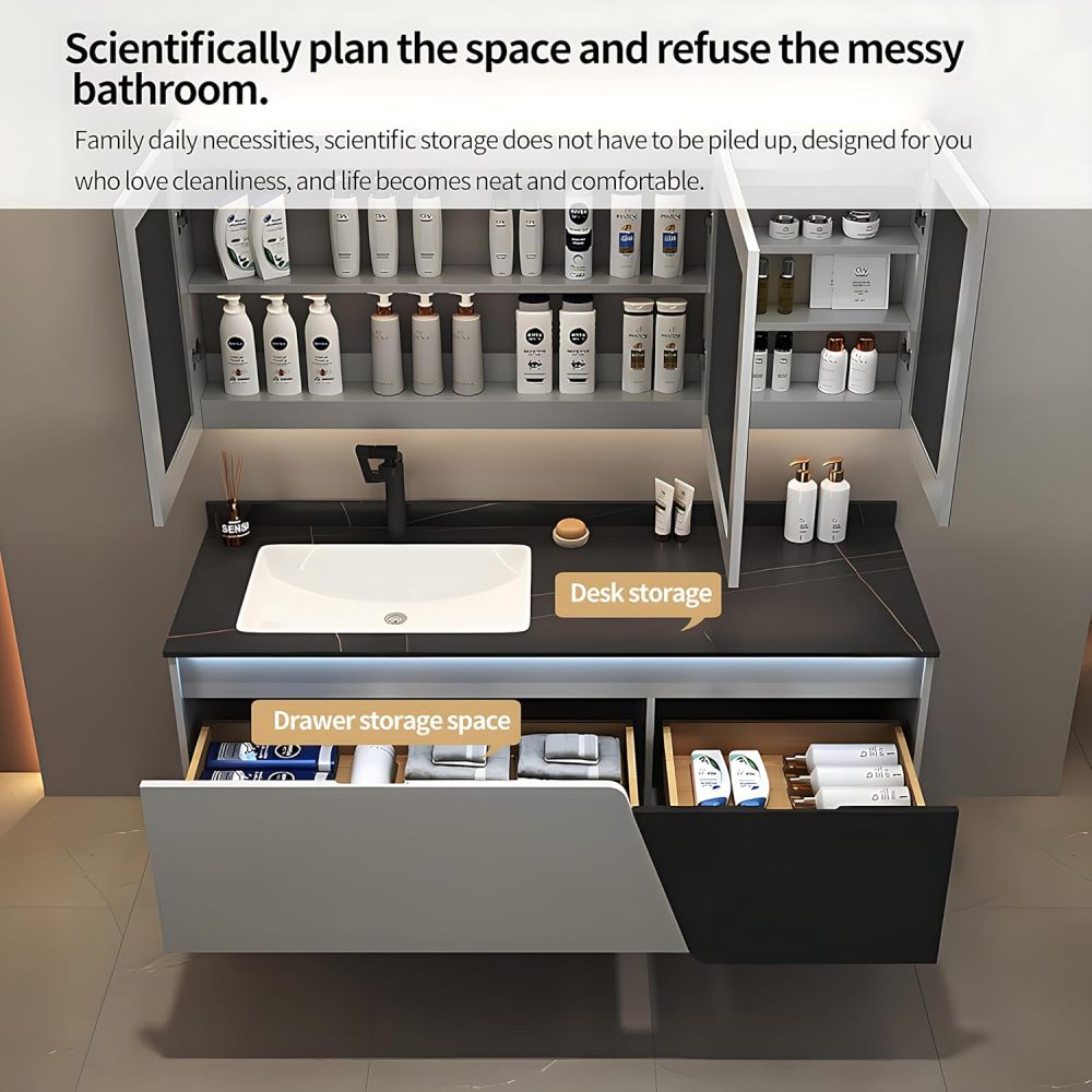 Bathroom Vanity with Sink - Modern Floating Vanity Set - Includes Bathroom Vanity Cabinet and Led Smart Defog Mirror, with 2 Drawers (Mirror Cabinet, 44")