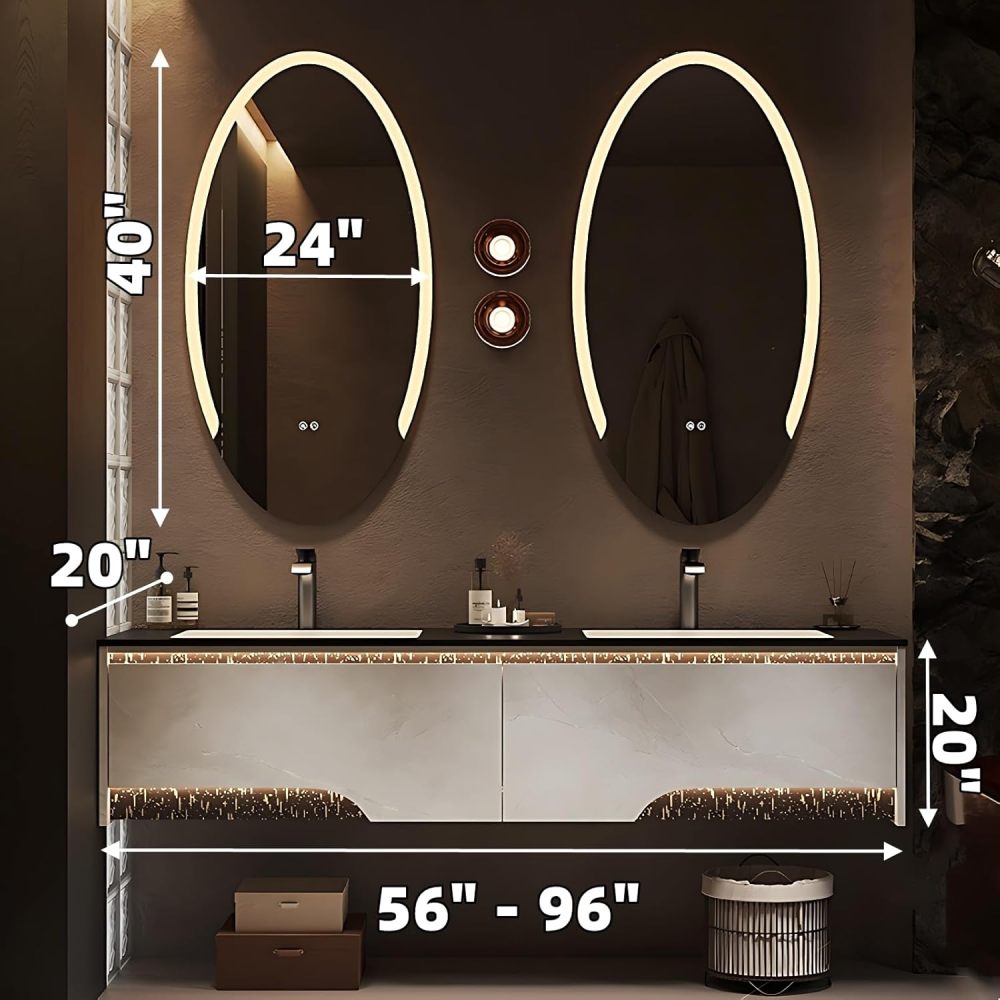 Bathroom Vanity with Sink - Double Sink Bathroom Vanity Cabinet & LED Smart Defog Mirror Set, Floating Vanity with Spacious Storage, Wall-Mounted (White, 96")