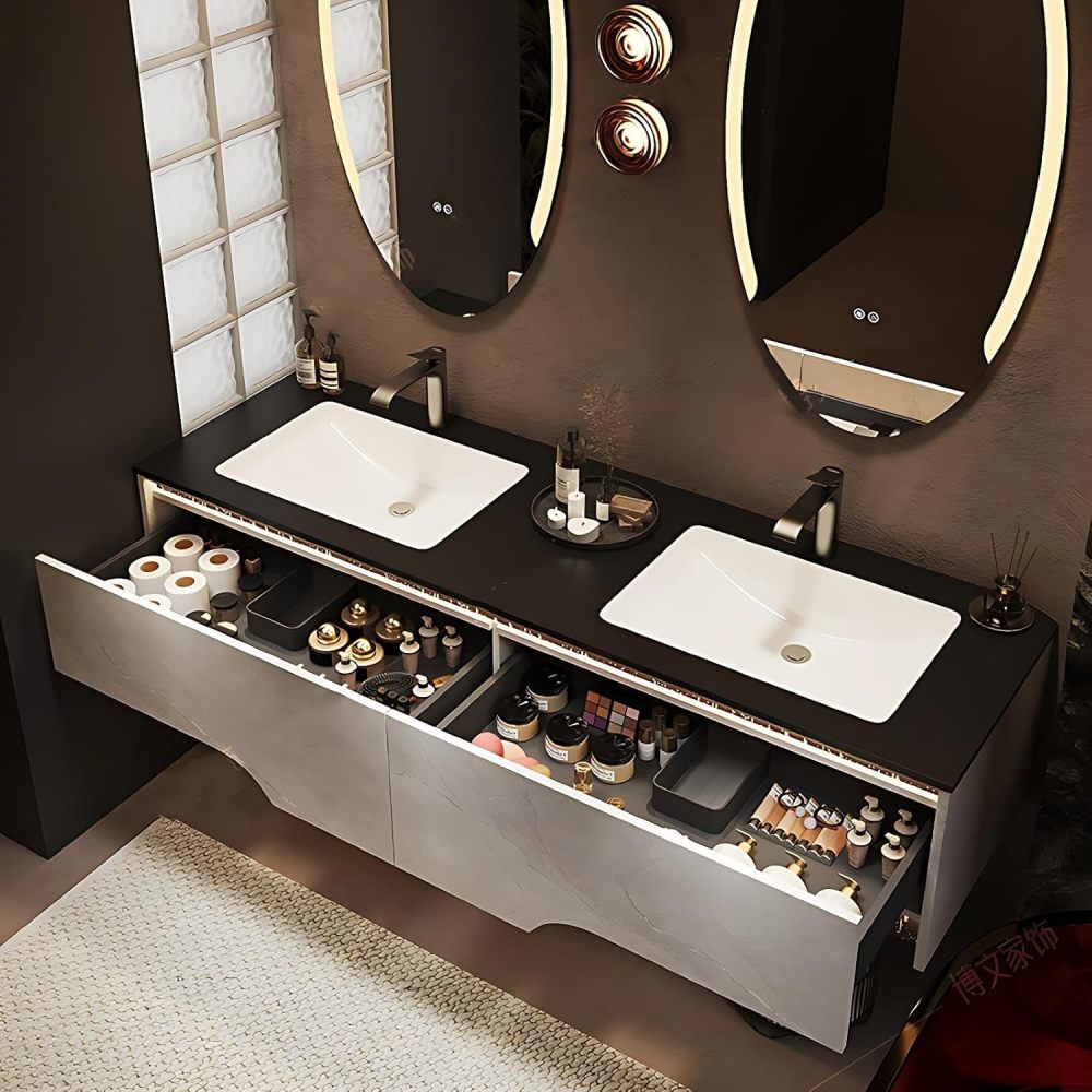 Bathroom Vanity with Sink - Double Sink Bathroom Vanity Cabinet & LED Smart Defog Mirror Set, Floating Vanity with Spacious Storage, Wall-Mounted (White, 96")