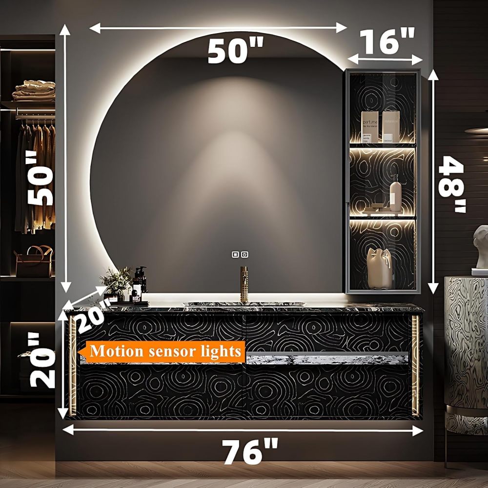 Bathroom Vanity with Sink - Single Sink Bathroom Vanity Cabinet & Smart defog Mirror Set, Floating Vanity Large Storage Drawers (Brown, 76")