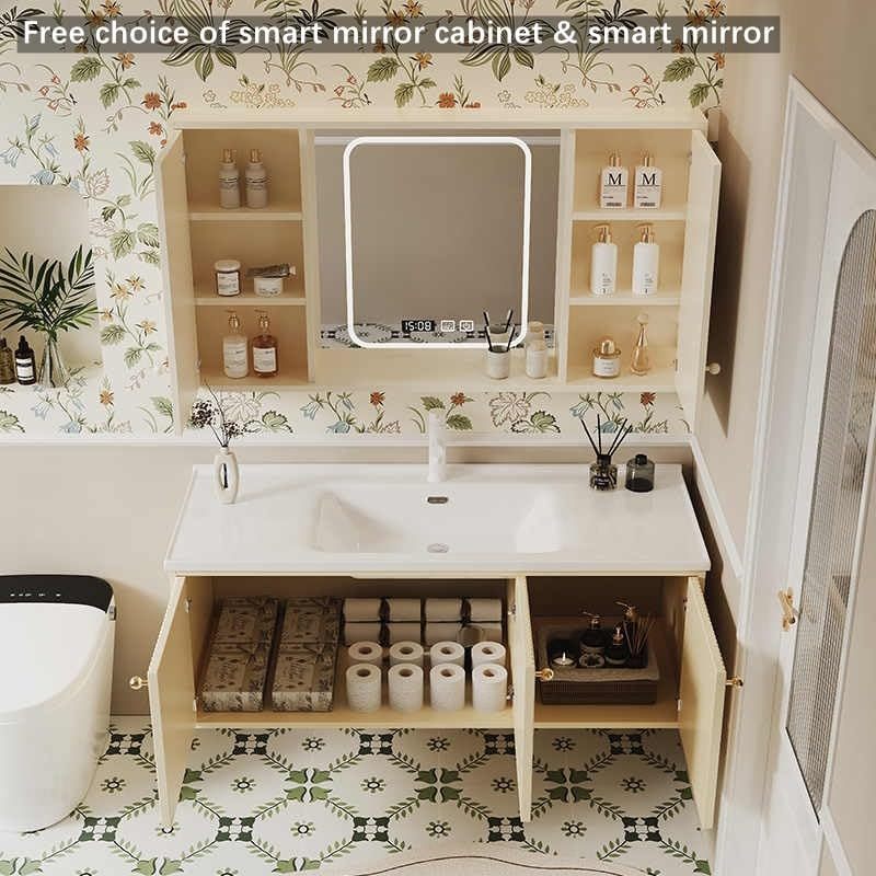 Bathroom Vanity with Sink - Single Sink Floating Bathroom Vanity Cabinet with LED Defog Mirror Cabinet, Wall-Mounted Installation