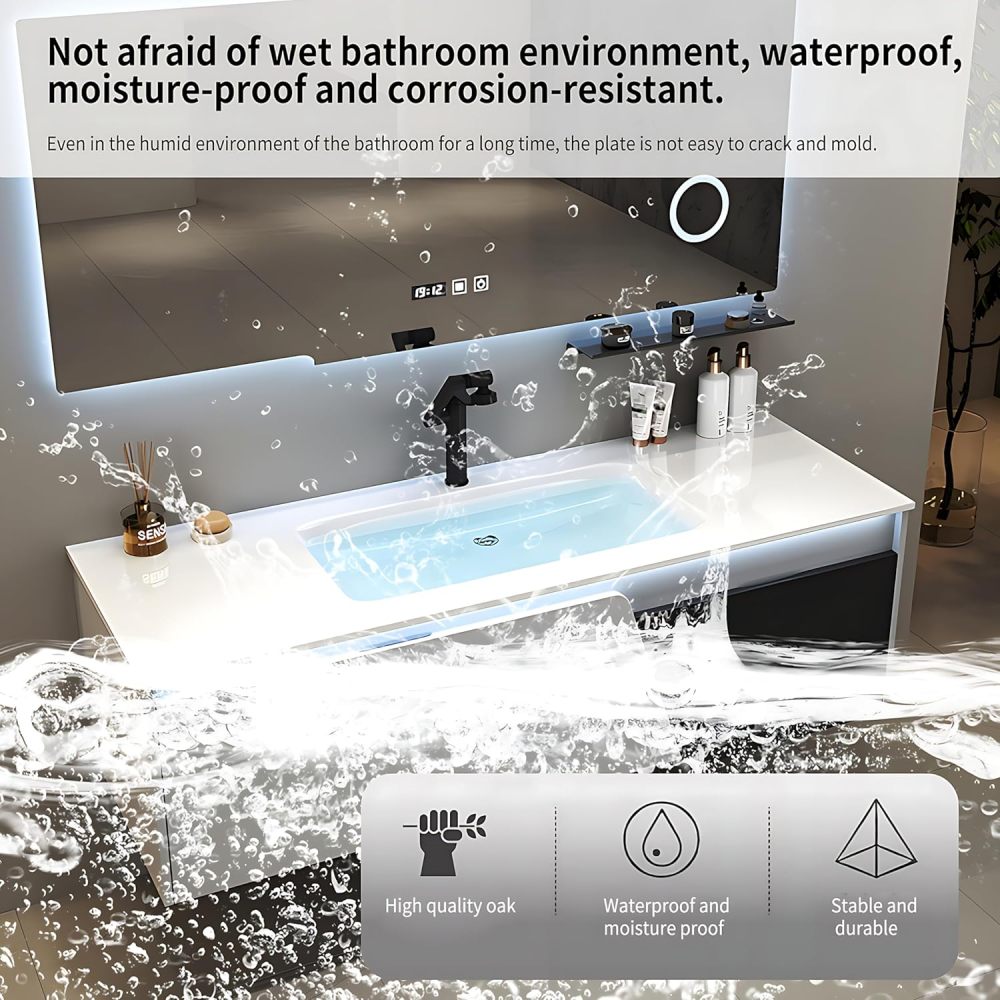 Bathroom Vanity with Sink - Modern Floating Vanity Set - Includes Bathroom Vanity Cabinet and Led Smart Defog Mirror, with 2 Drawers (Mirror Cabinet, 44")