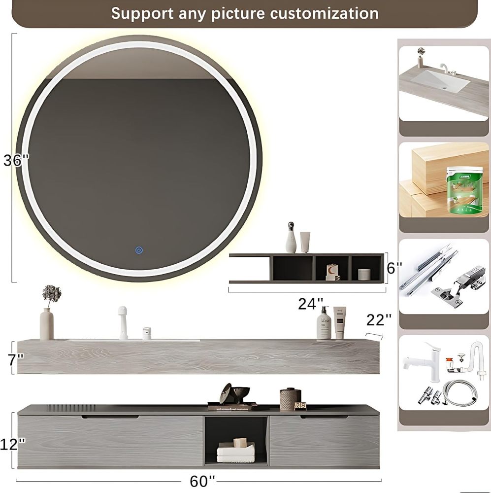 Bathroom Vanity with Sink Set - Stylish Floating Vanity & LED Smart Defogger Mirror Combination, Wall-Mounted, Comes with Faucet and Drain Set (60")