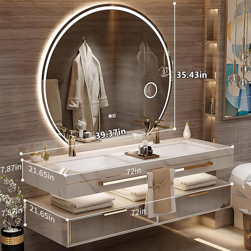 Bathroom Vanity with Sink- Modern Double Sink Floating Bathroom Vanity Cabinet with LED Smart Defogging Mirror Set, Marble Top & Ceramic Sink, Faucet Accessories Included (72")