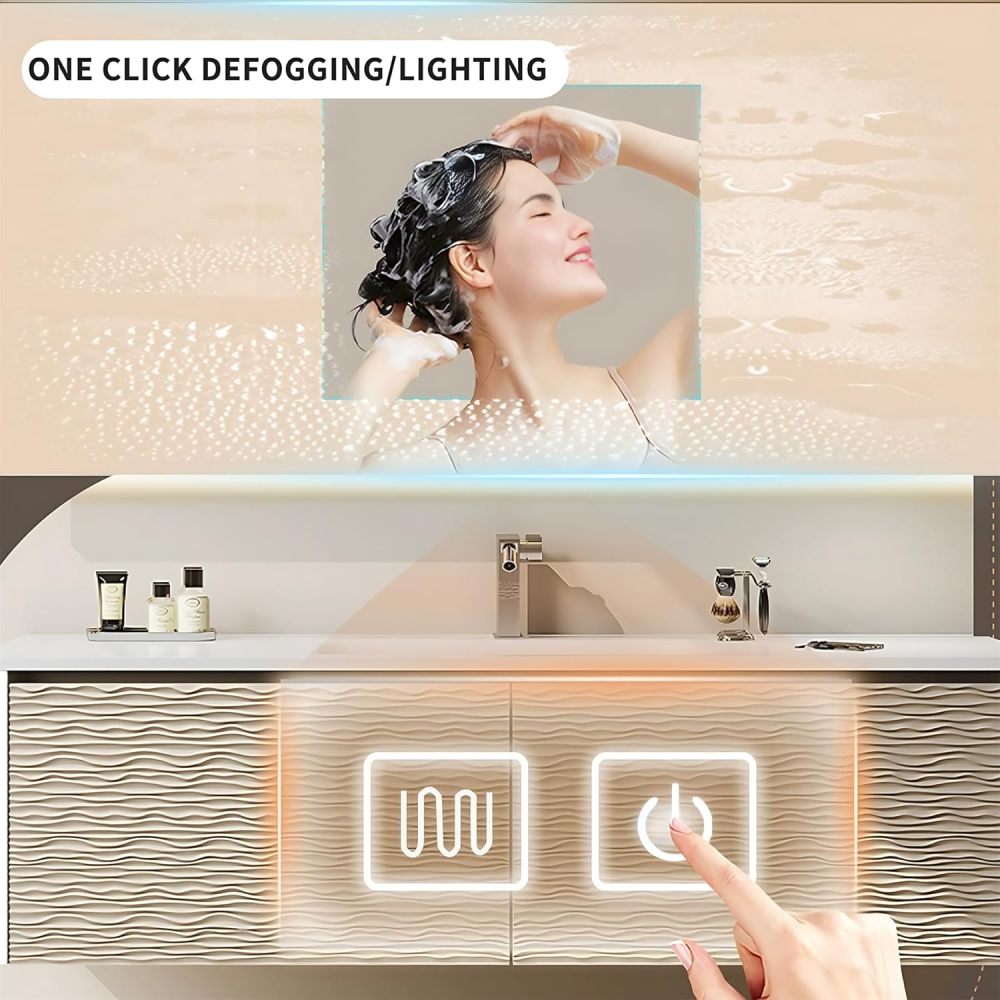 Bathroom Vanity with Sink - Floating Bathroom Vanity & Smart Defog Mirror Cabinet Set, Stylish Engraved Design (44")