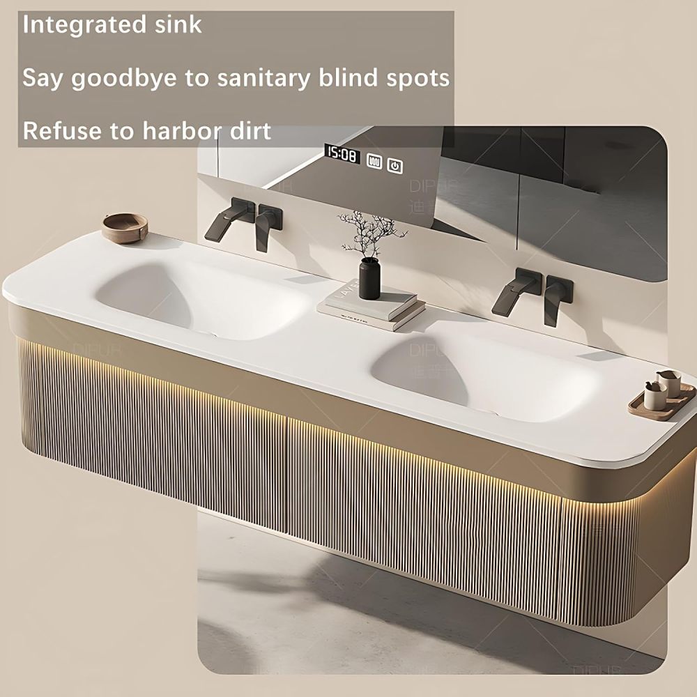 Bathroom Vanity with Sink - Modern Double Sink Bathroom Vanity & LED Anti-Fog Mirror Cabinet, Ample Storage Solutions, Floating Vanity with Faucet Accessories (56")