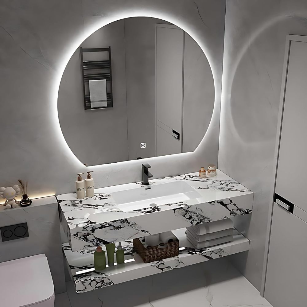 Bathroom Vanity with Sink - Modern Floating Bathroom Vanity Sink Cabinet with Smart Defog Mirror Set, Multi-Layer Solid Wood with Drawers, Wall-Mounted Installation (Black Texture, 88")