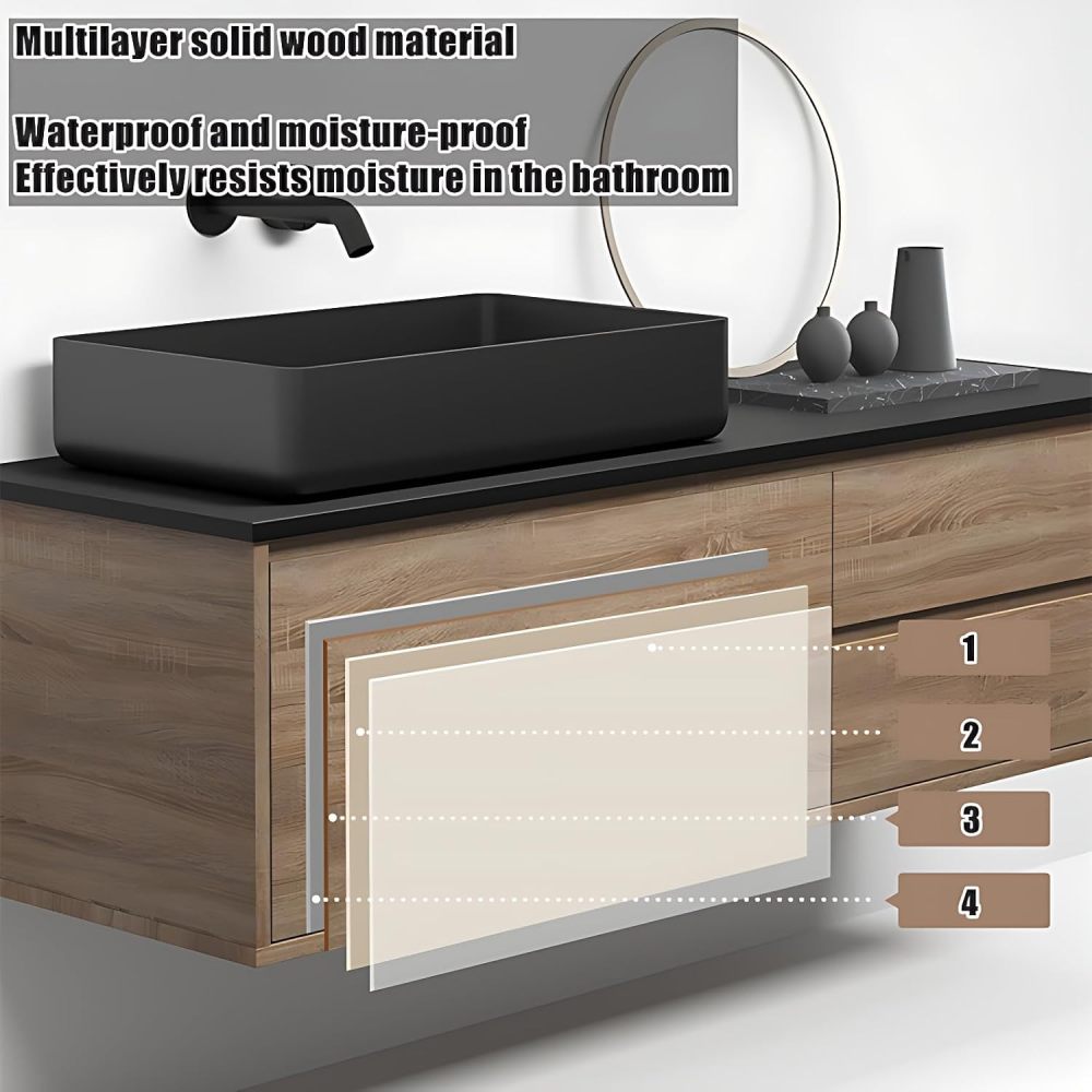 Bathroom Vanity with Sink - Modern Floating Vanity & LED Smart Defogger Mirror/Mirror Cabinet Combination, Wall-Mounted Installation, Sintered Stone Countertop (Smart Mirror Cabinet, 44")