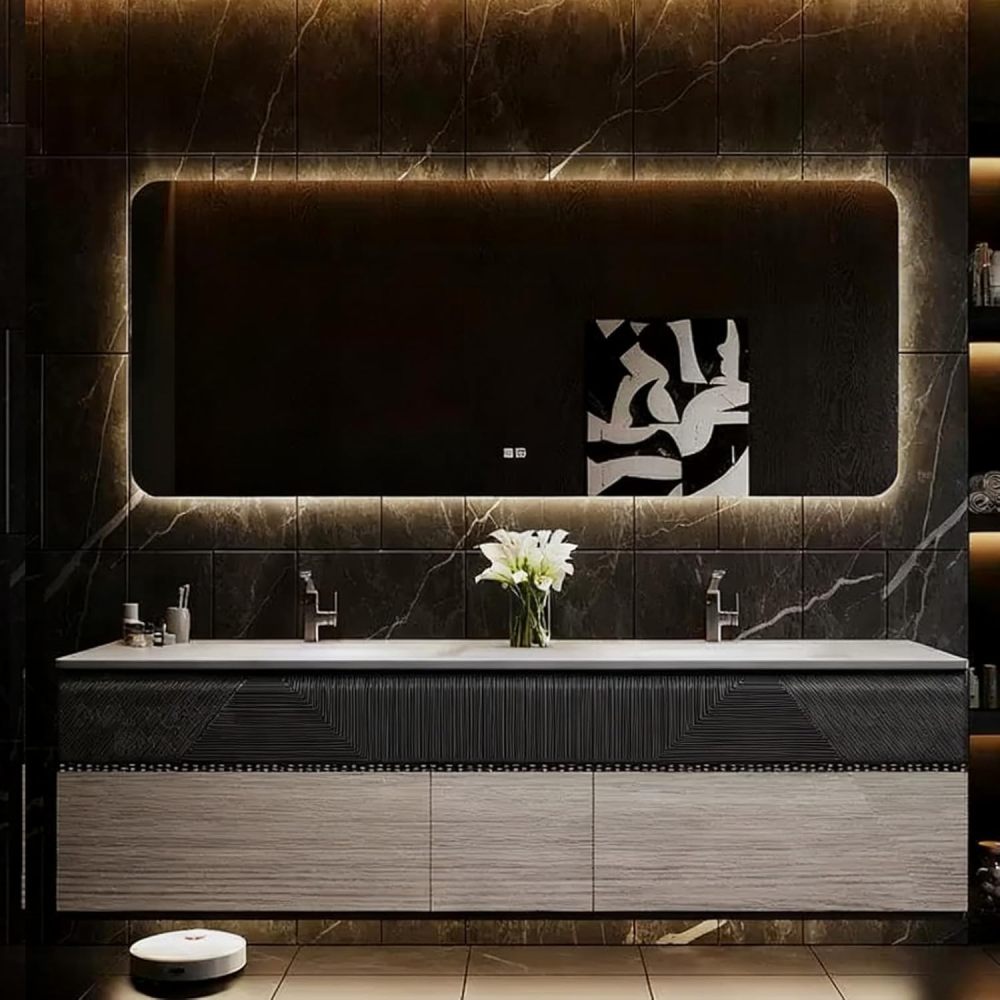 90IN Bathroom Vanity with Sink - Modern Double Sink Vanity with Smart Defogging Mirror, Solid Wood Bathroom Cabinet, Large Storage Space, Custom Sizes - Complete Accessories Single Mirror