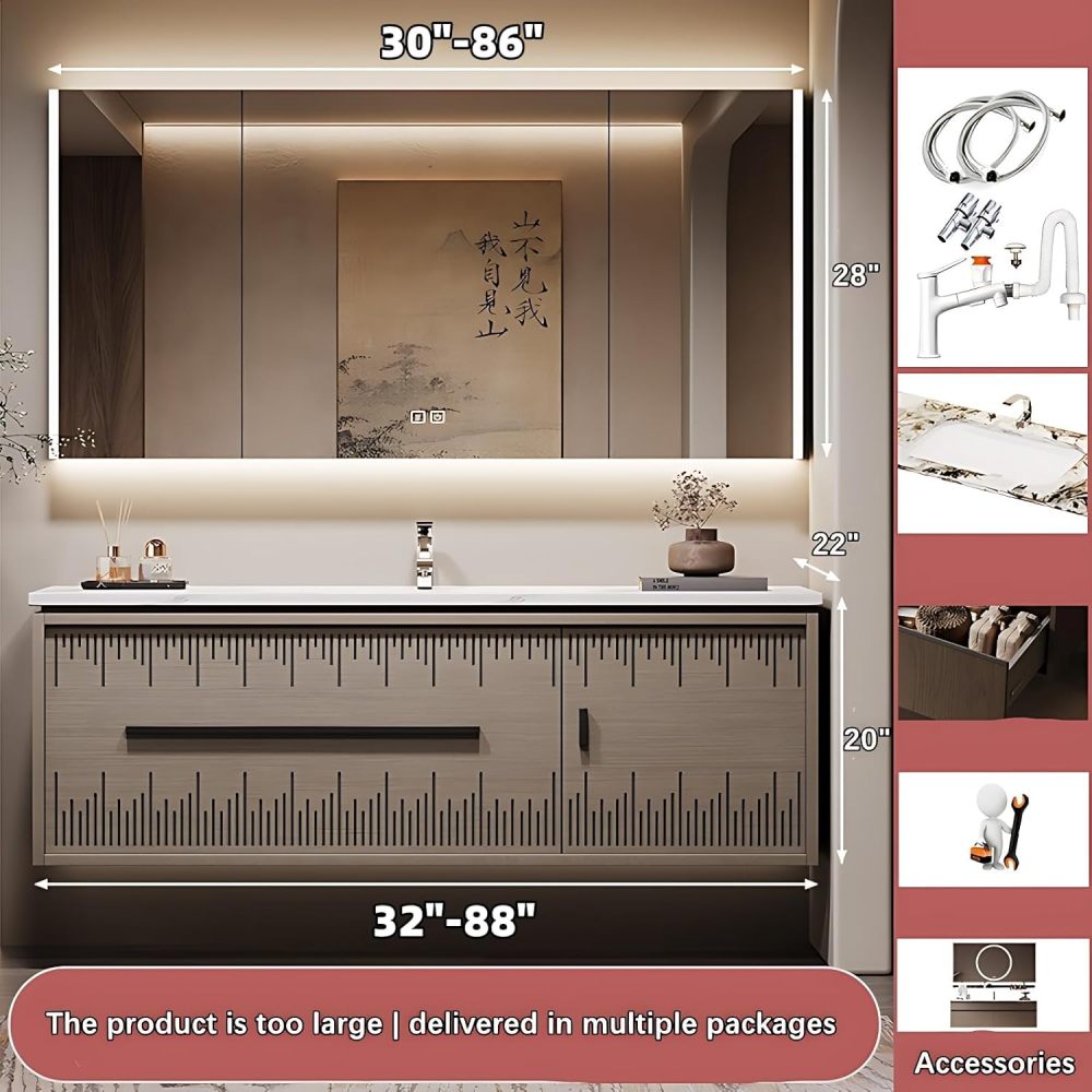 Elegant Bathroom Vanity with Sink - Durable Single Sink Bathroom Vanity & Smart Mirror Cabinet Set, Wall Mounted Floating Vanity (32")