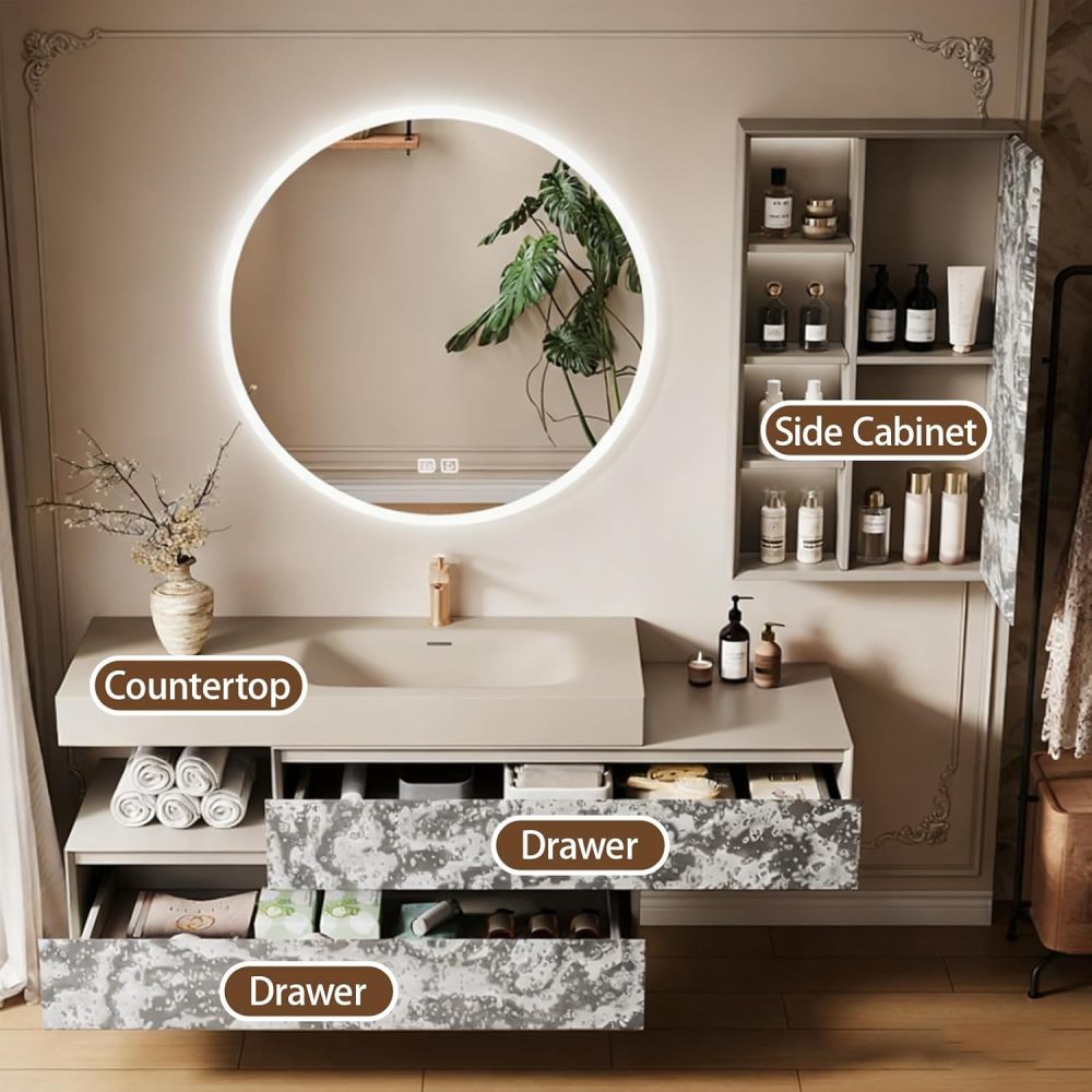 62IN Bathroom Vanity with Sink - Luxury Bathroom Sink Cabinet with Drawers, Smart Defog Mirror, Multi-Layer Solid Wood, Custom Complete Accessories, Round Mirror