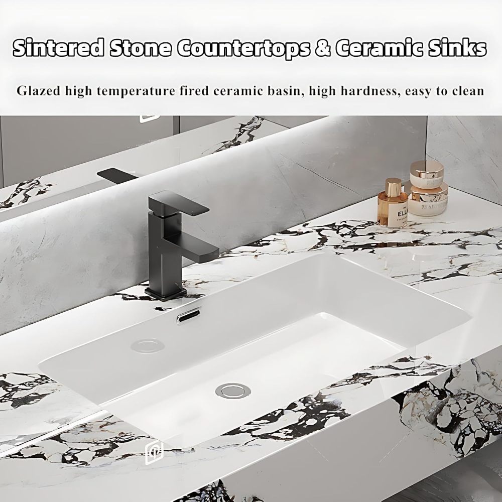 Bathroom Vanity with Sink - Modern Floating Bathroom Vanity Sink Cabinet with Smart Defog Mirror Set, Multi-Layer Solid Wood with Drawers, Wall-Mounted Installation (Black Texture, 88")