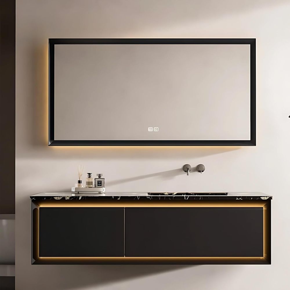 Bathroom Vanity with Sink, 40" - 88" Floating Vanity, Single Sink Bathroom Vanity Cabinet with LED Defog Mirror Set, Motion Sensor Light, Solid Wood, Large Storage Drawer (60")