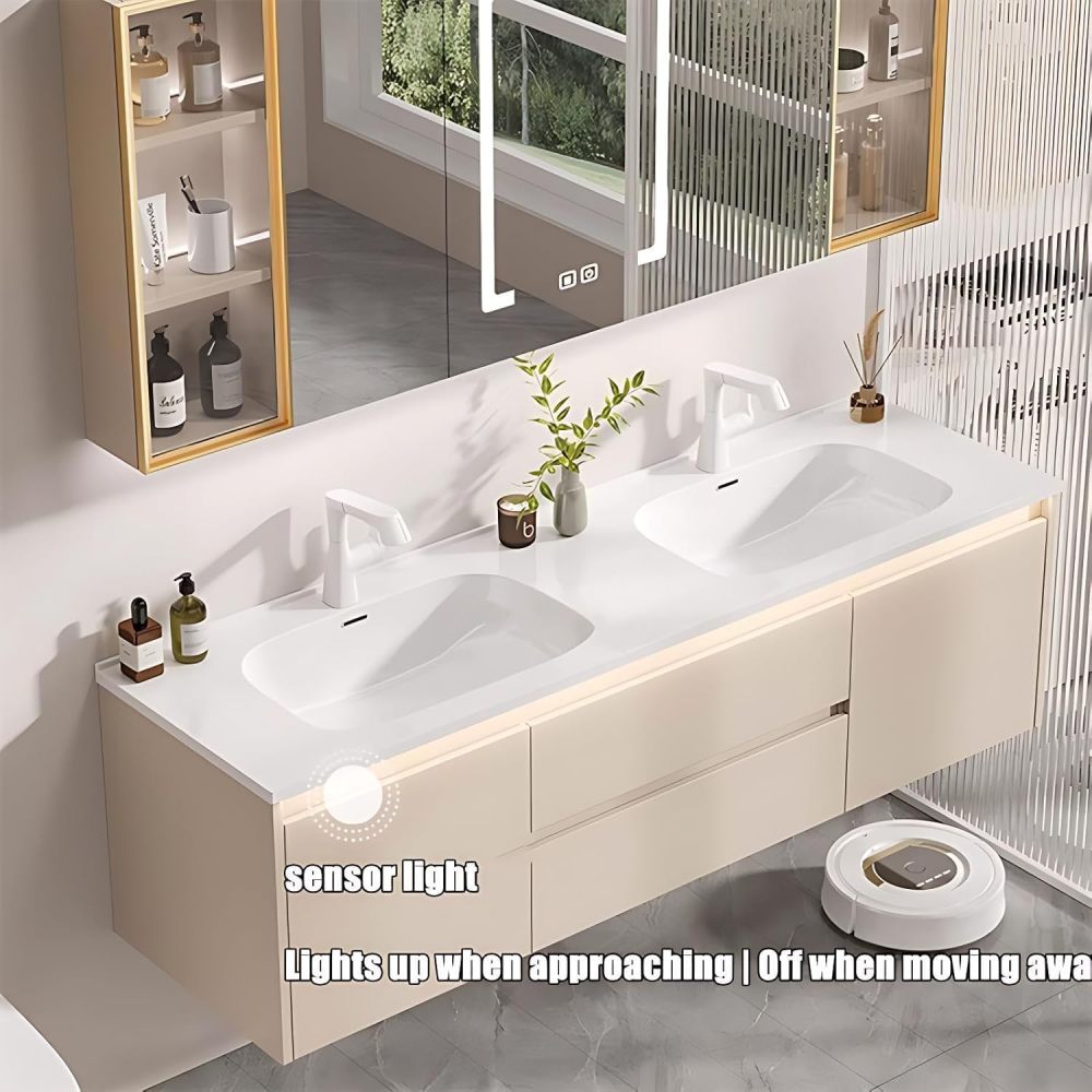 Stylish Bathroom Vanity with Sink - Double Sink Bathroom Vanity Cabinet & LED Anti-Fog Mirror Cabinet, Ample Storage in Premium Floating Vanity (64")