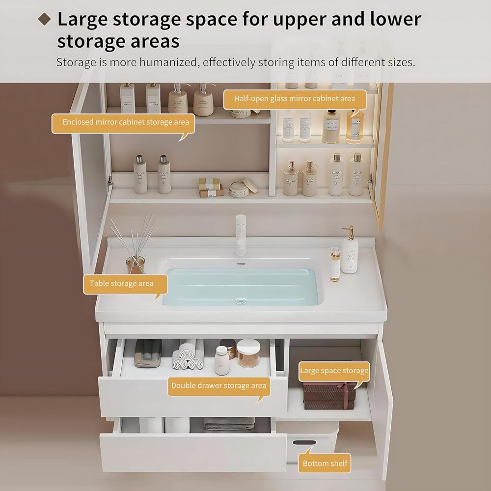 Bathroom Vanity with Sink - Stylish Bathroom Single Sink Cabinet, Modern Floating Vanity & Intelligent Fog-Free Mirror Cabinet | Solid Wood Material (White, 40")