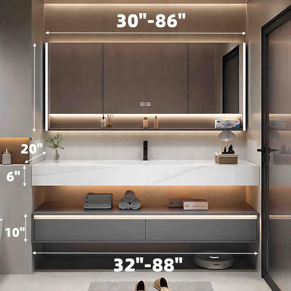 Bathroom Vanity with Sink - Modern Single Sink Bathroom Vanity Cabinet, Wall-Mounted Floating Vanity with LED Defog Mirror Set for Compact Spaces (Mirror Cabinet, 48")