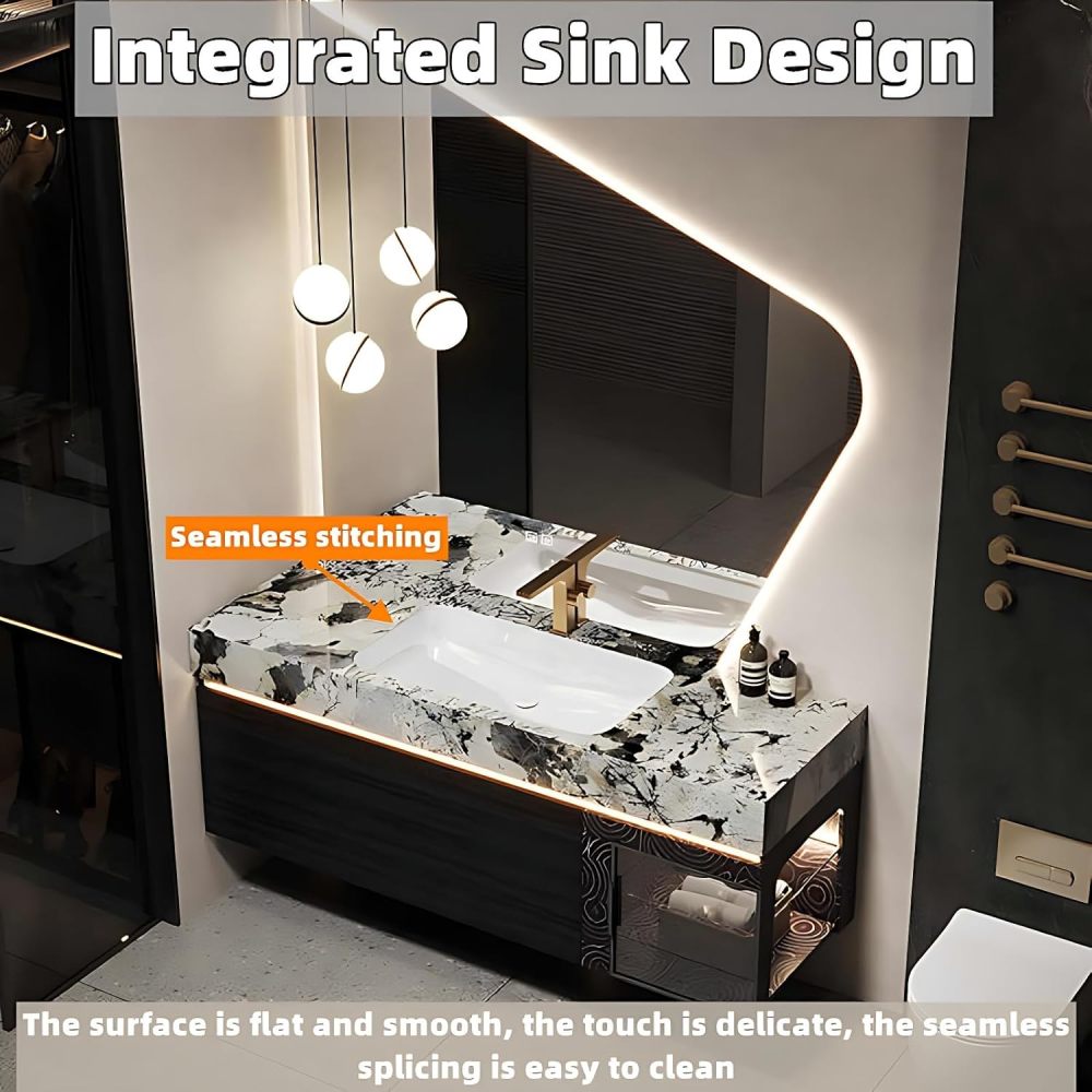 Bathroom Vanity with Sink - Single Sink Bathroom Vanity Cabinet & Smart Defog Mirror Set, Floating Vanity with Large Storage Drawers (Pandora, 80")