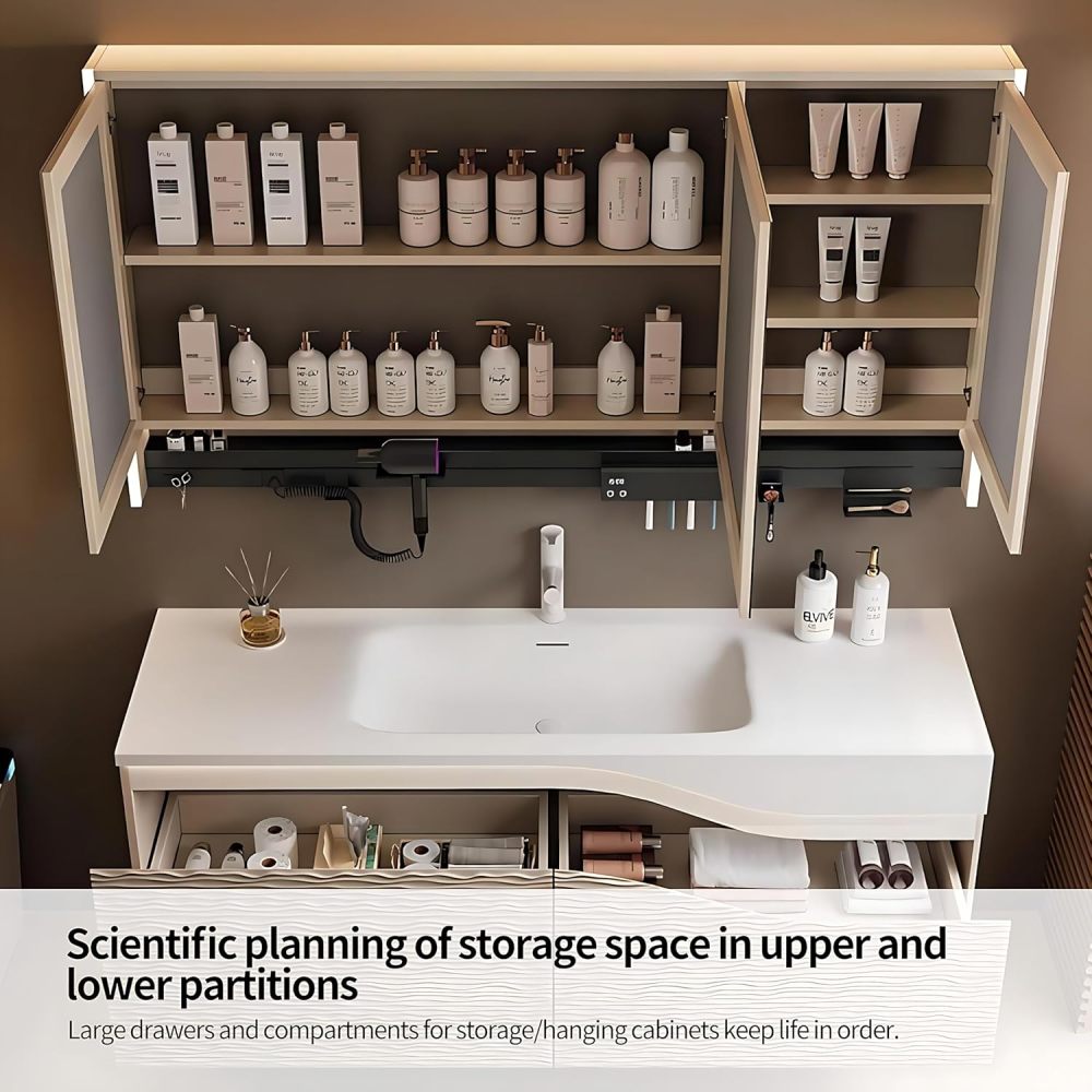 Bathroom Vanity - Elegant Bathroom Vanity with Sink, Floating Vanity Set,Includes Smart Defogging Mirror Cabinet and Multi-Function Shelf (40""), White