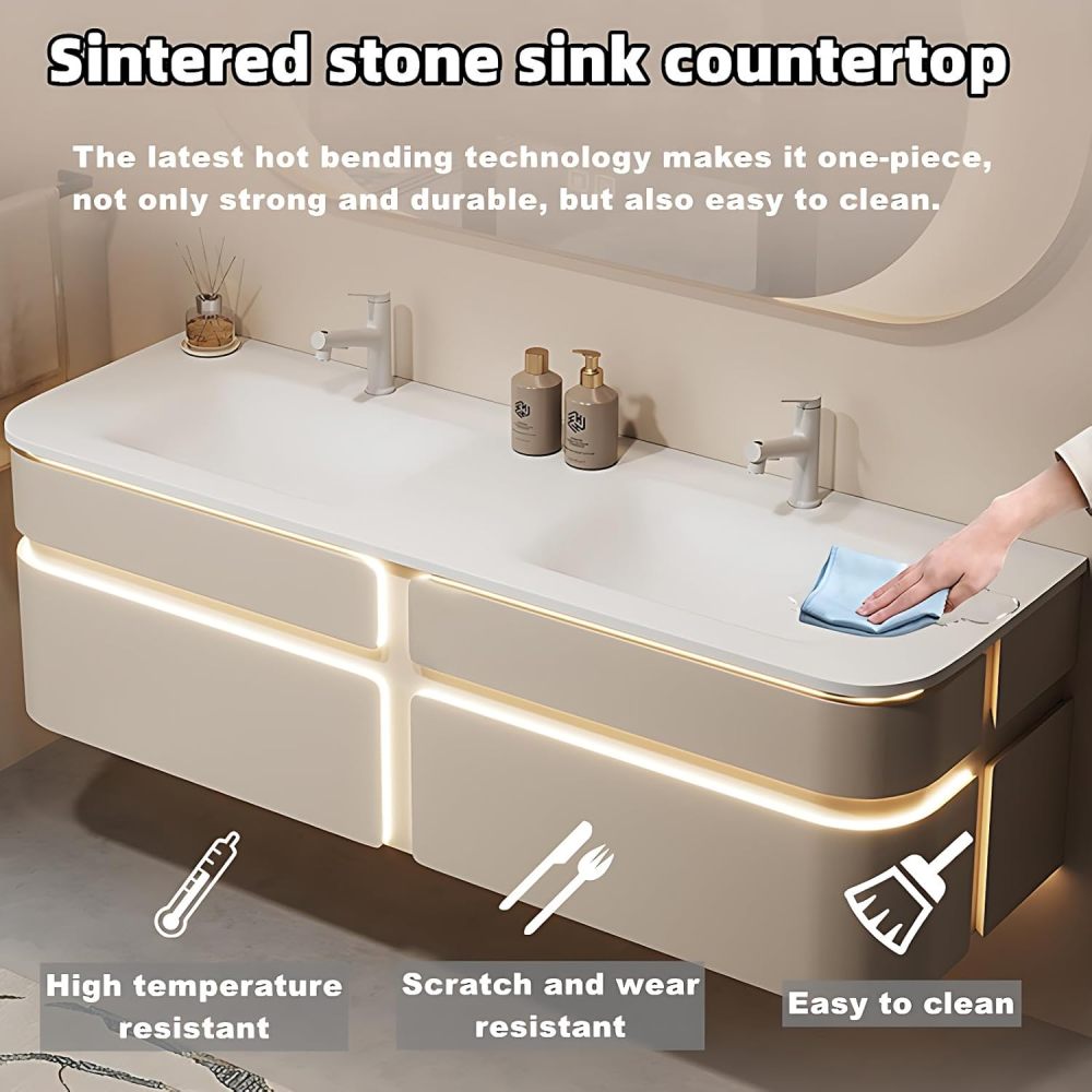 Bathroom Vanity with Sink - Modern Double Sink Bathroom Vanity Cabinet Set, Solid Wood Floating Vanity with Storage & Smart Defogger Mirror (64")