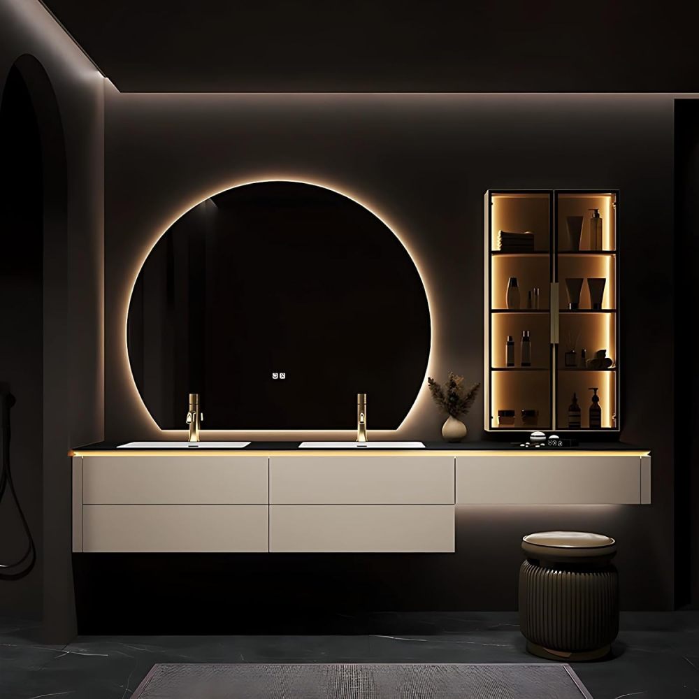 Bathroom Vanity with Sink - Double Sink Bathroom Vanity Cabinet Set, Modern Floating Vanity & LED Demister Mirror, Wall Mounted, with Faucet Accessories (80",Off White)