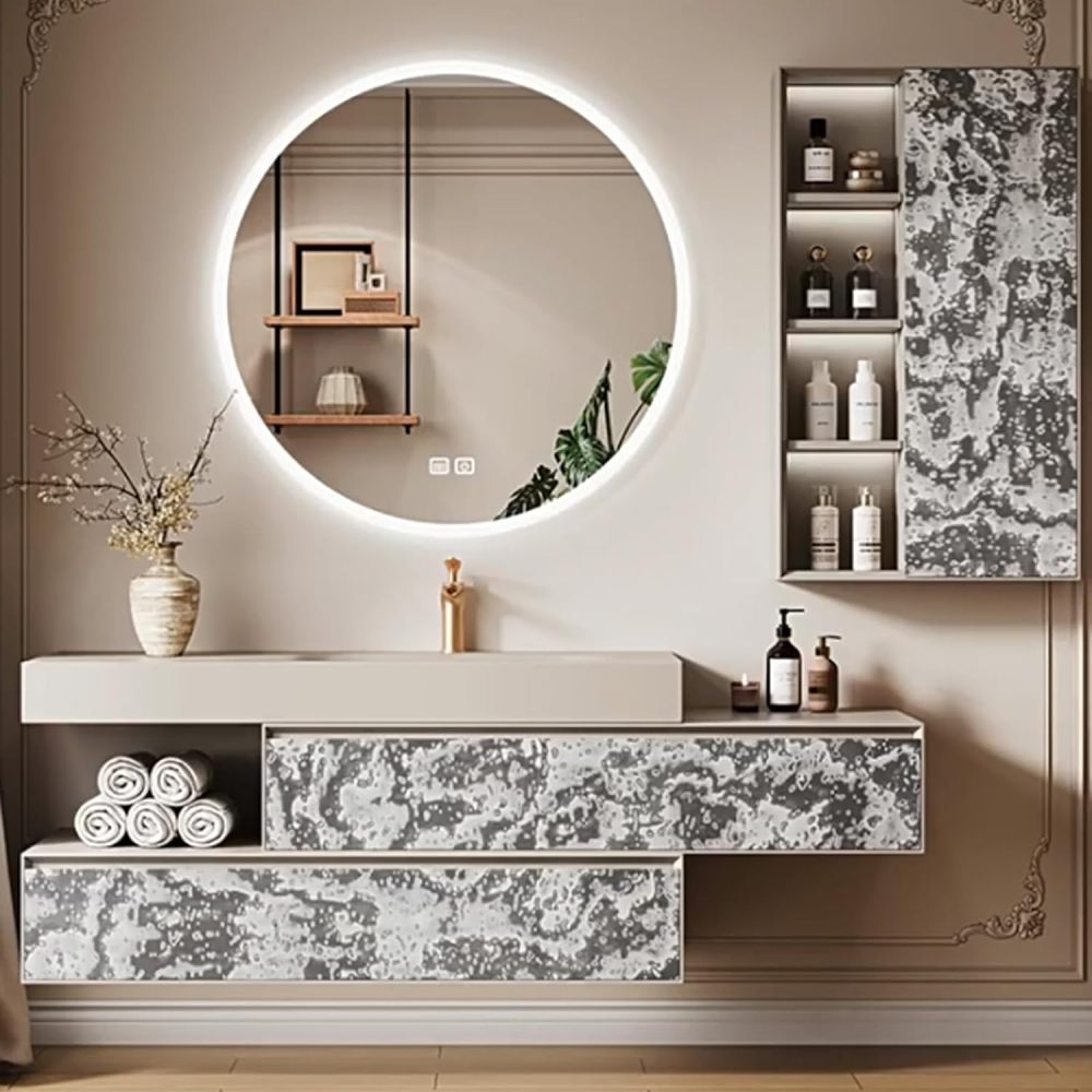 62IN Bathroom Vanity with Sink - Luxury Bathroom Sink Cabinet with Drawers, Smart Defog Mirror, Multi-Layer Solid Wood, Custom Complete Accessories, Round Mirror