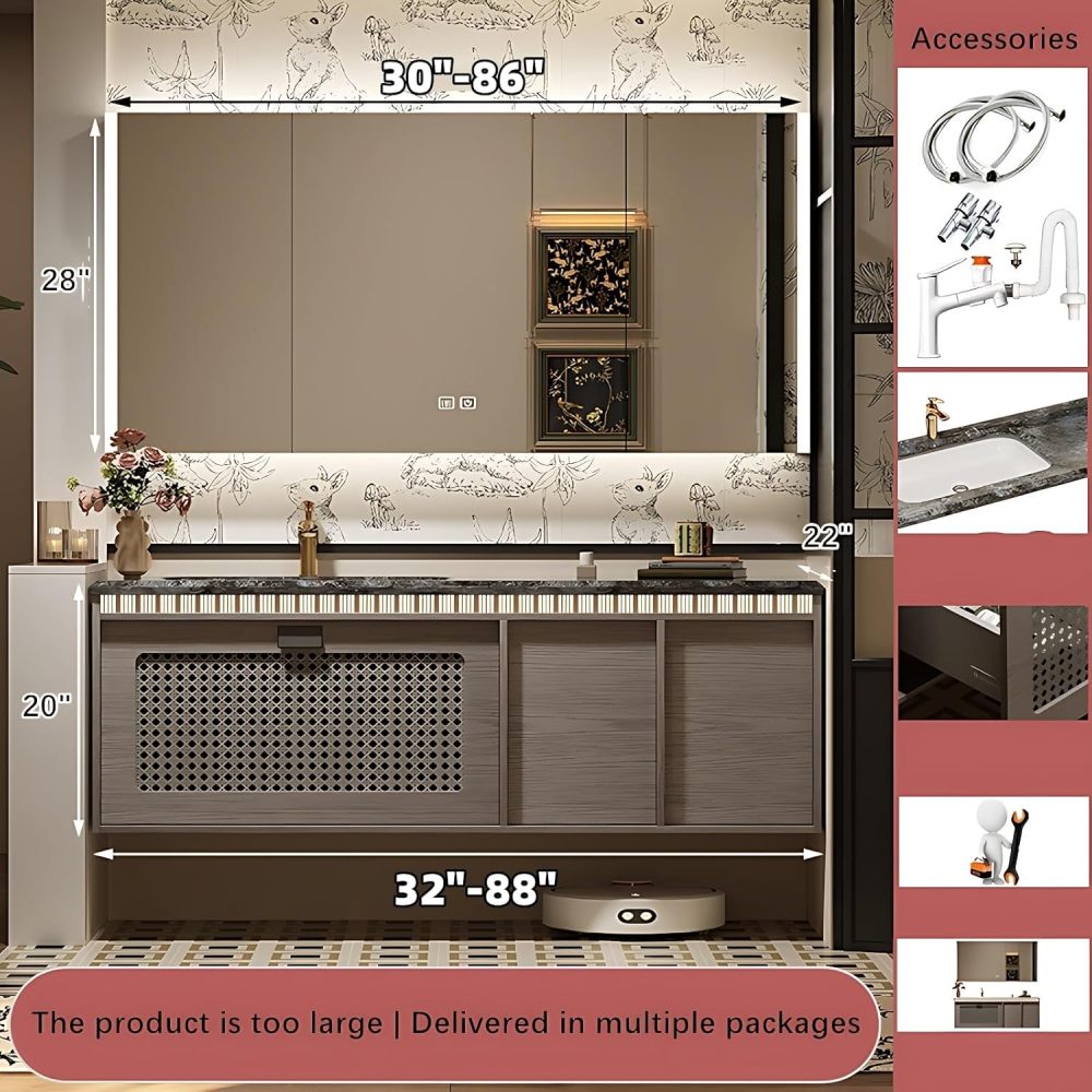 Durable Bathroom Vanity with Sink - Single Sink Bathroom Vanity Cabinet, Solid Wood Floating Vanity Set, Equipped with Intelligent Defogger Mirror Cabinet, Ample Storage (56")