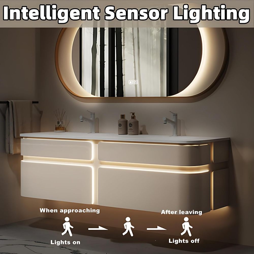 Bathroom Vanity with Sink - Modern Double Sink Bathroom Vanity Cabinet Set, Solid Wood Floating Vanity with Storage & Smart Defogger Mirror (64")