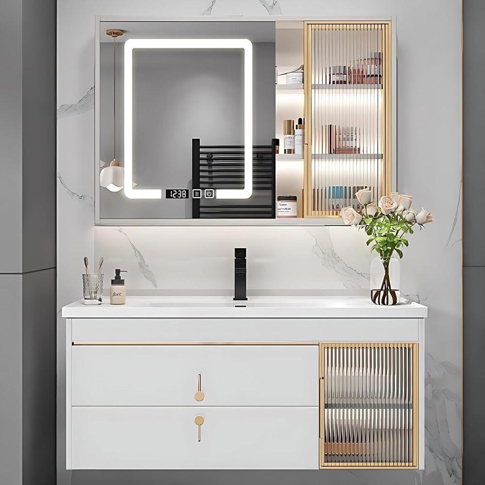 Bathroom Vanity with Sink - Modern Bathroom Sink Cabinet Set，Floating Vanity Bathroom & LED Smart Defogger Mirror Cabinet, with 2 Drawers (White, 36")