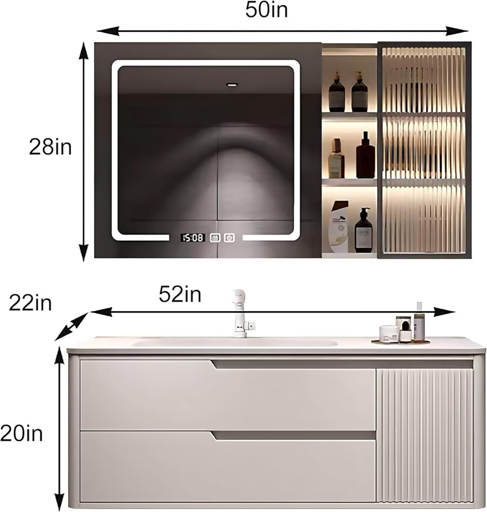 Bathroom Vanity with Sink Set - Modern Single/Double Sink Bathroom Vanity & LED Smart Defogger Mirror Cabinet Combination, Wall-Mounted Floating Vanity, Gift for Her (Double Sink, 52")