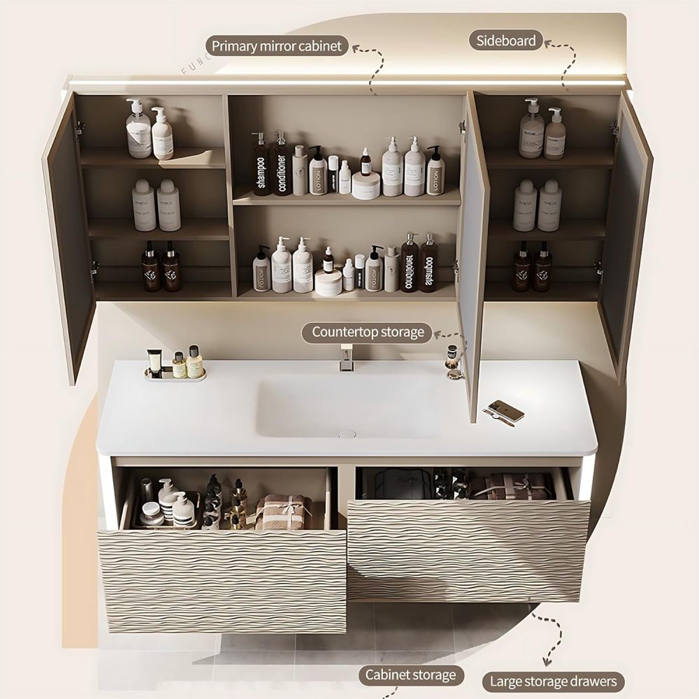 Bathroom Vanity with Sink - Floating Bathroom Vanity & Smart Defog Mirror Cabinet Set, Stylish Engraved Design (44")