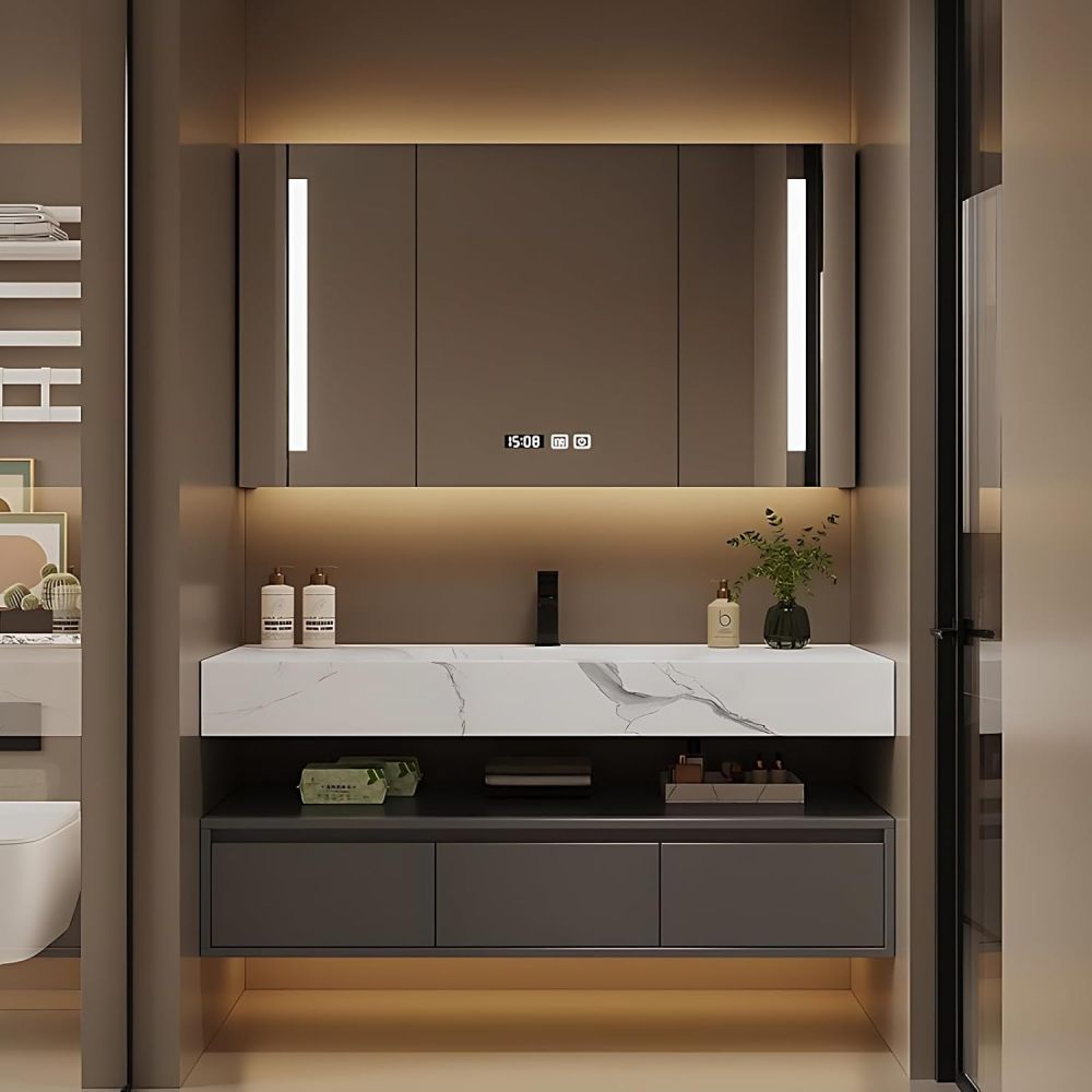 Bathroom Vanity with Sink - Single/Double Sink Bathroom Vanity Cabinet & LED Smart Defogger Mirror Cabinet Set, Modern Floating Vanity, Wall-Mounted Installation (Single Sink, 40")