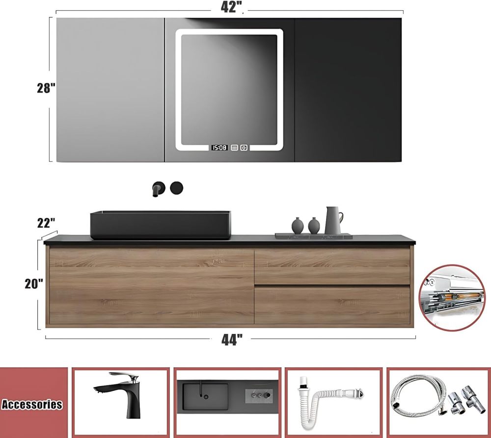 Bathroom Vanity with Sink - Modern Floating Vanity & LED Smart Defogger Mirror/Mirror Cabinet Combination, Wall-Mounted Installation, Sintered Stone Countertop (Smart Mirror Cabinet, 44")