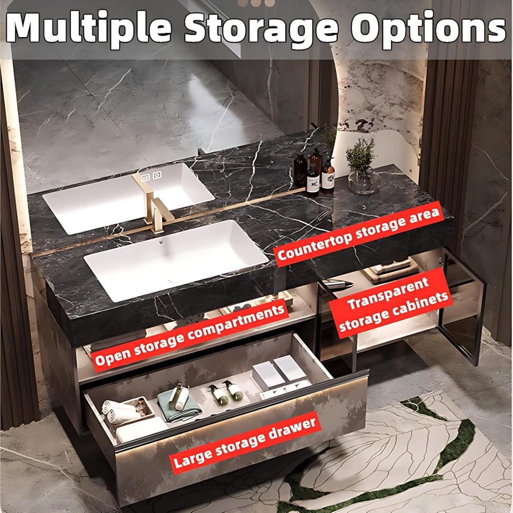 Bathroom Vanity with Sink - Single/Double Sink Bathroom Vanity Cabinet, Modern Floating Vanity with LED Defog Mirror Set (Pandora, 96")