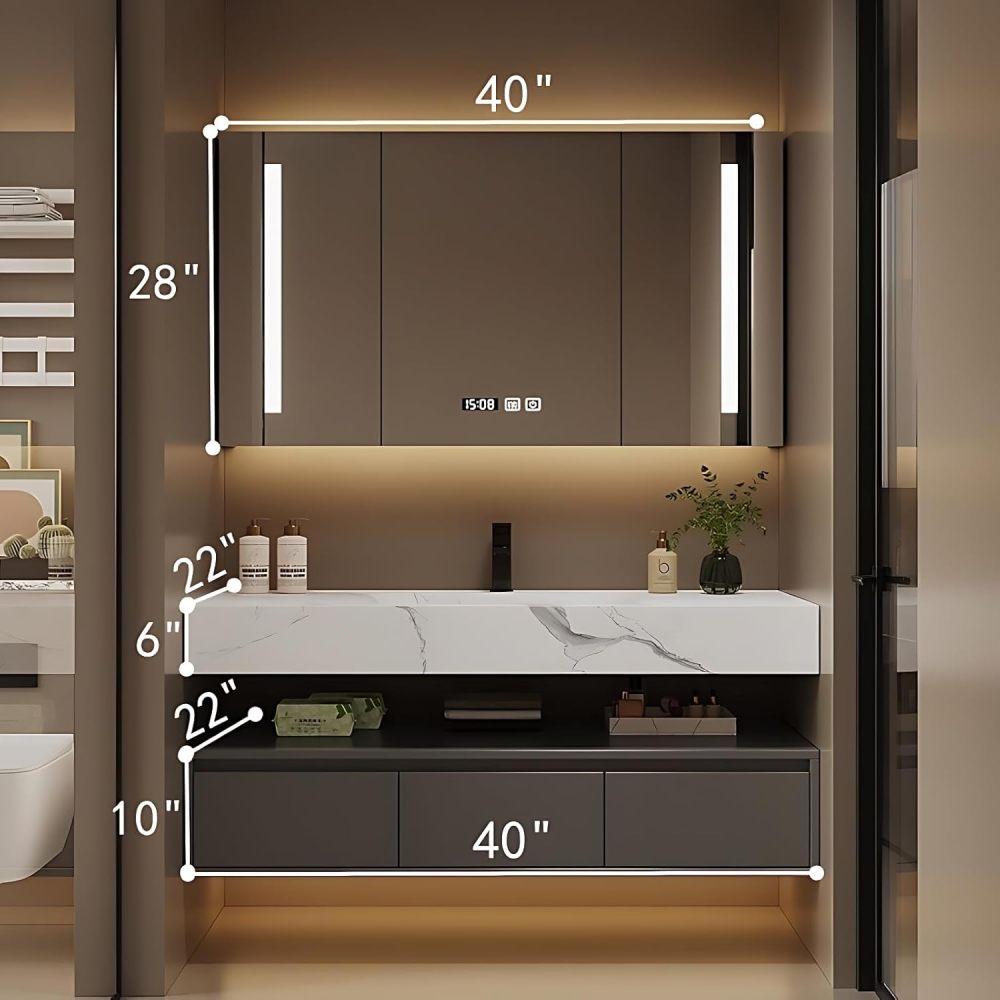 Bathroom Vanity with Sink - Single/Double Sink Bathroom Vanity Cabinet & LED Smart Defogger Mirror Cabinet Set, Modern Floating Vanity, Wall-Mounted Installation (Single Sink, 40")