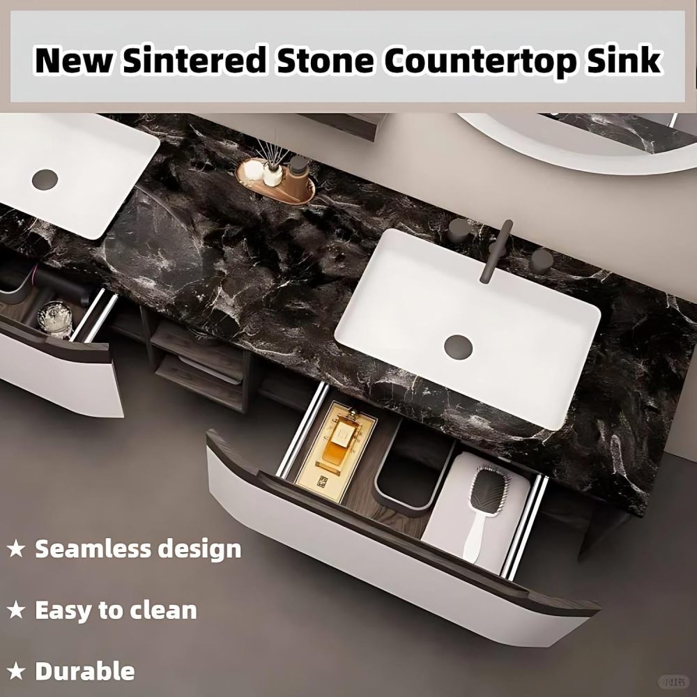 Bathroom Vanity with Sink - Modern Floating Double Sink Bathroom Vanity Cabinet with Storage Drawers, Solid Wood Base, Sintered Stone Countertop, LED Anti-Fog Mirror Included (68")