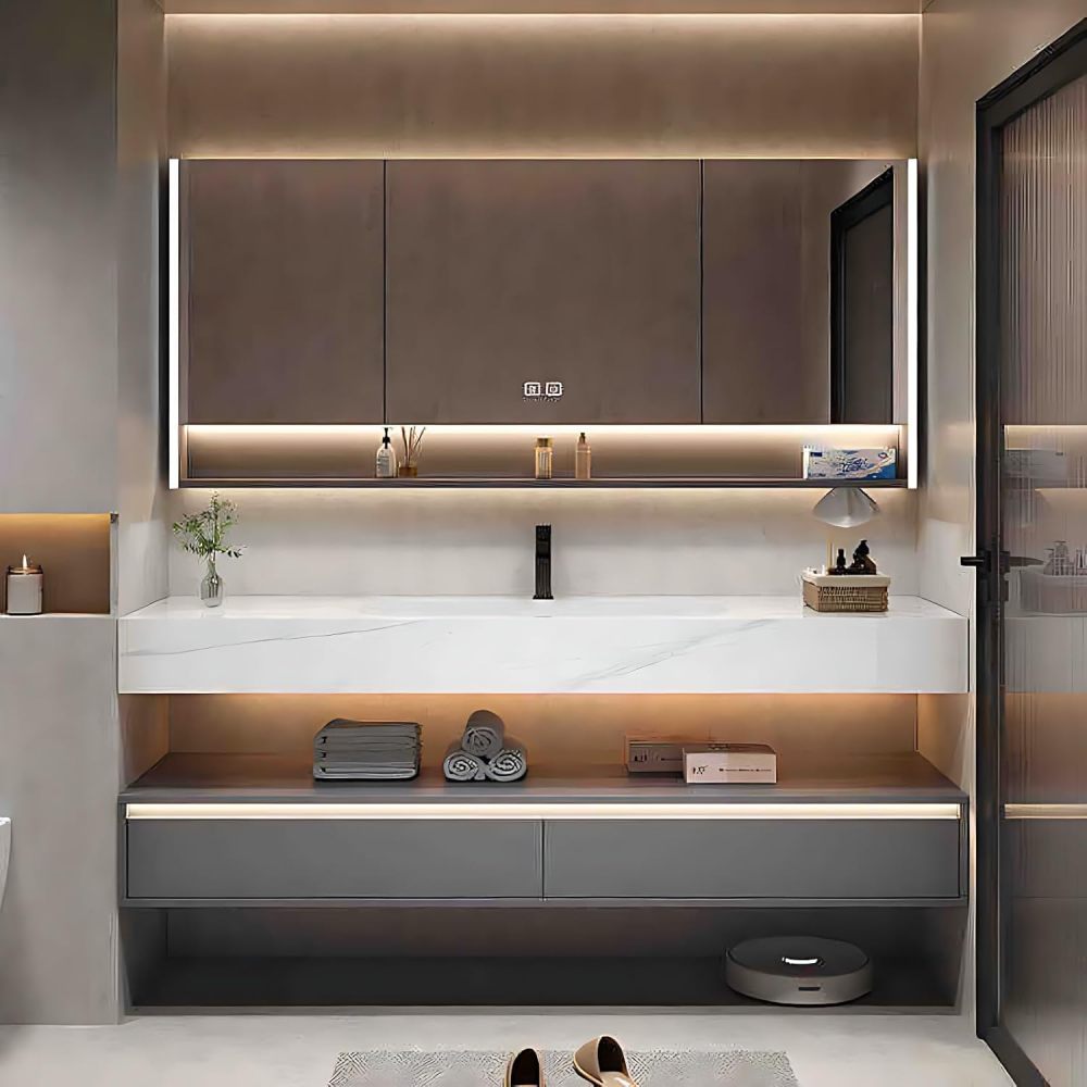 Bathroom Vanity with Sink - Modern Single Sink Bathroom Vanity Cabinet, Wall-Mounted Floating Vanity with LED Defog Mirror Set for Compact Spaces (Mirror Cabinet, 48")