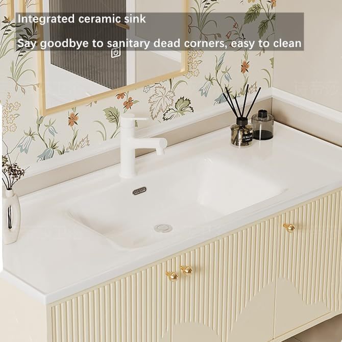 Bathroom Vanity with Sink - Single Sink Floating Bathroom Vanity Cabinet with LED Defog Mirror Cabinet, Wall-Mounted Installation