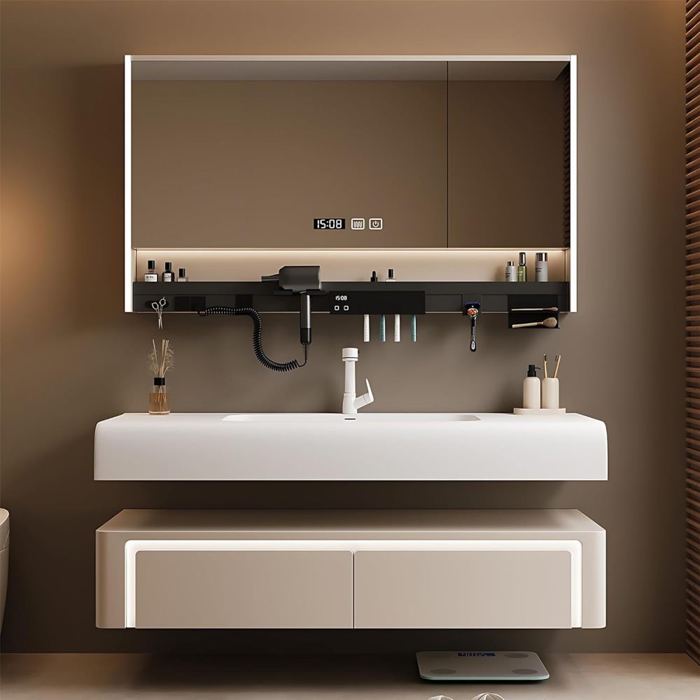 Modern Bathroom Vanity with Sink - LED Intelligent Defogging Mirror Cabinet, Multi-Functional Storage Shelf, Smart Sensor Lights, and Solid Wood Construction - Ideal Floating Vanity (68")