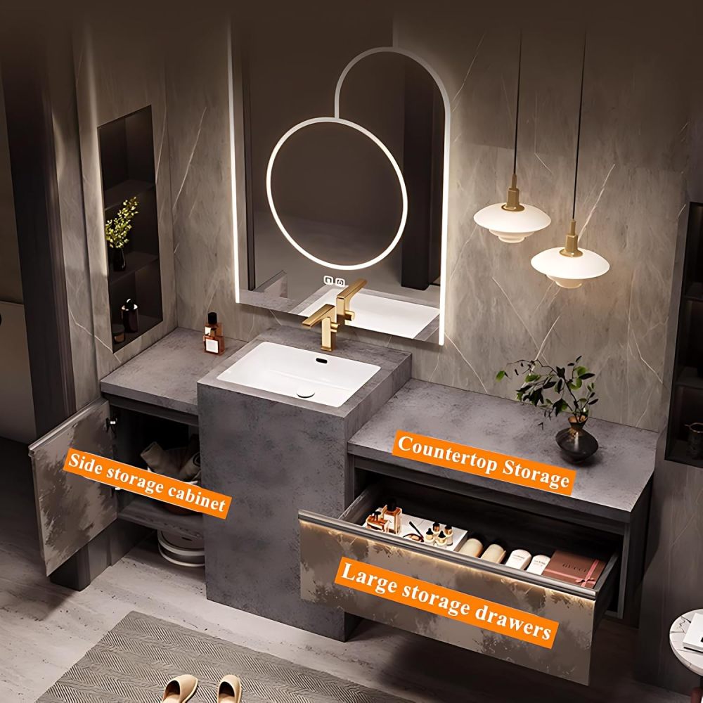 Bathroom Vanity with Sink - Modern Single Sink Freestanding Bathroom Vanity Cabinet with Large Storage, Solid Wood Construction, Includes Faucet & Drain Kit (White, 88")